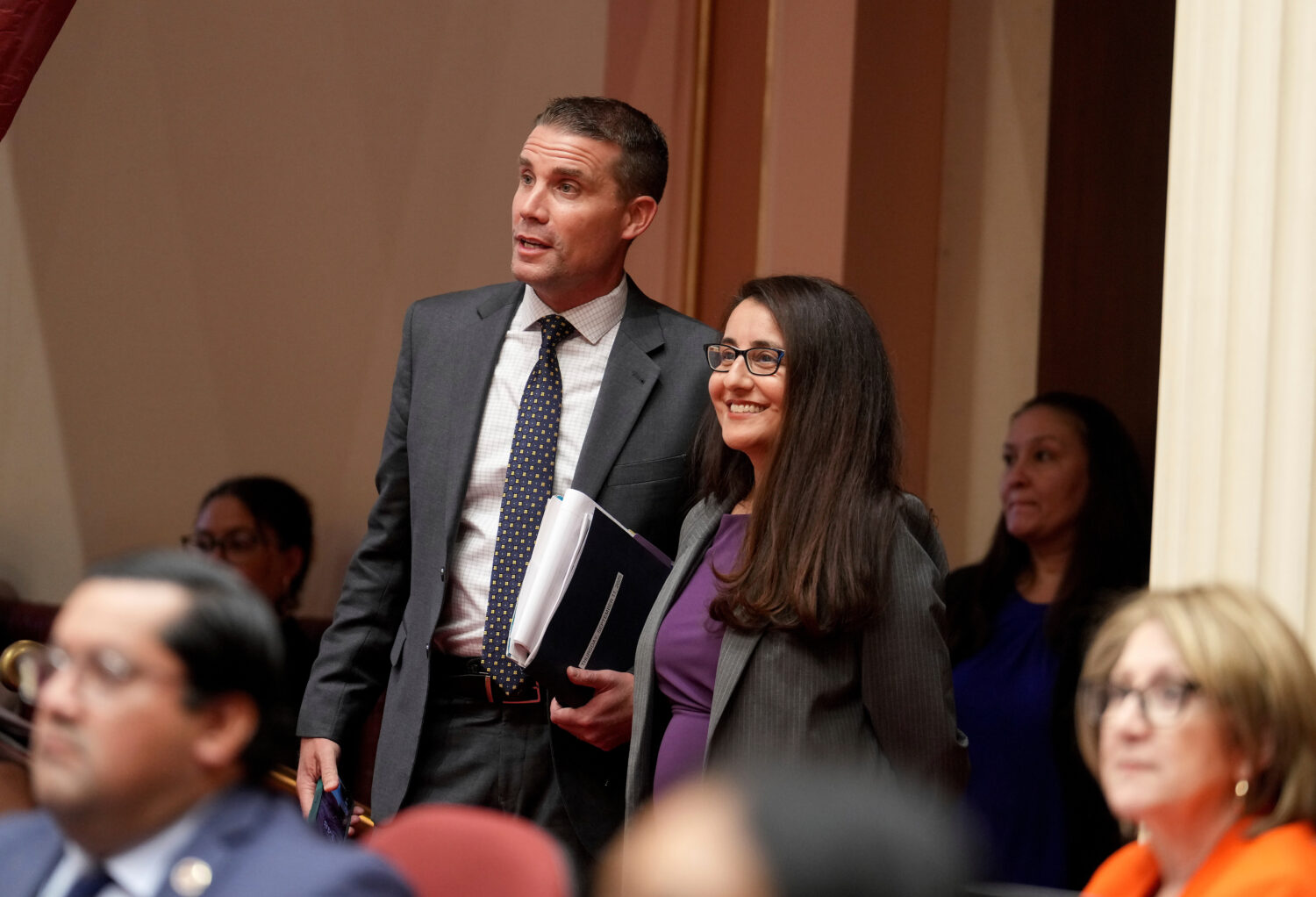 State Senate President Pro Tempore Mike McGuire and Democratic state Sen. Monique Limon watch as th...