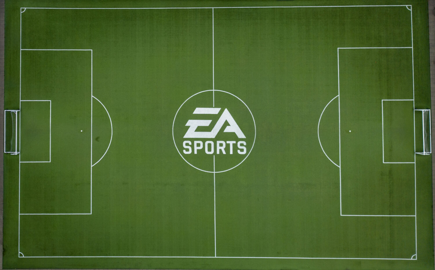 The EA Sports logo is seen on a soccer pitch at the Electronic Arts office and studio complex, in B...