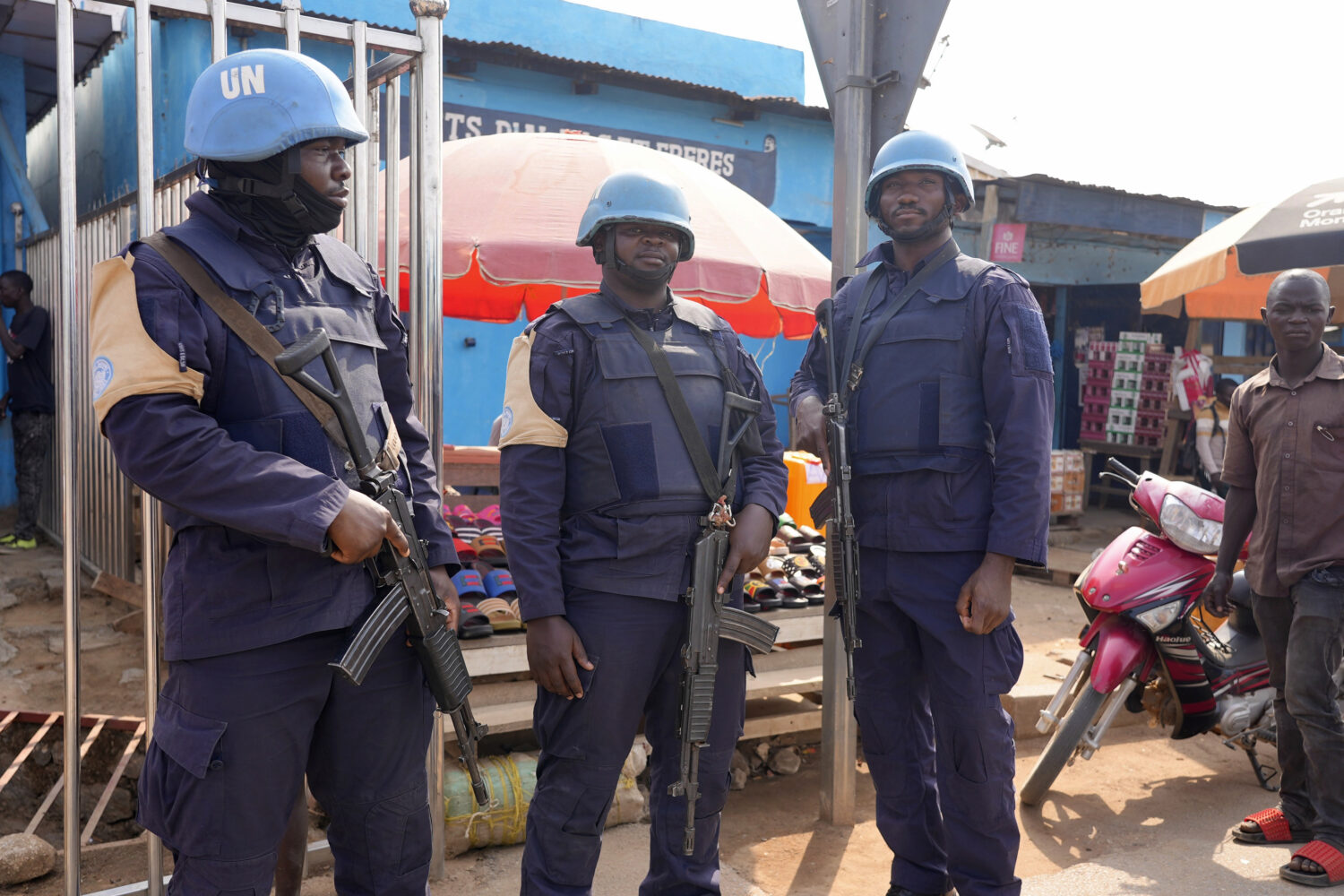 FILE - United Nations peacekeepers stand in the market in Bouar, Central African Republic, March 8,...