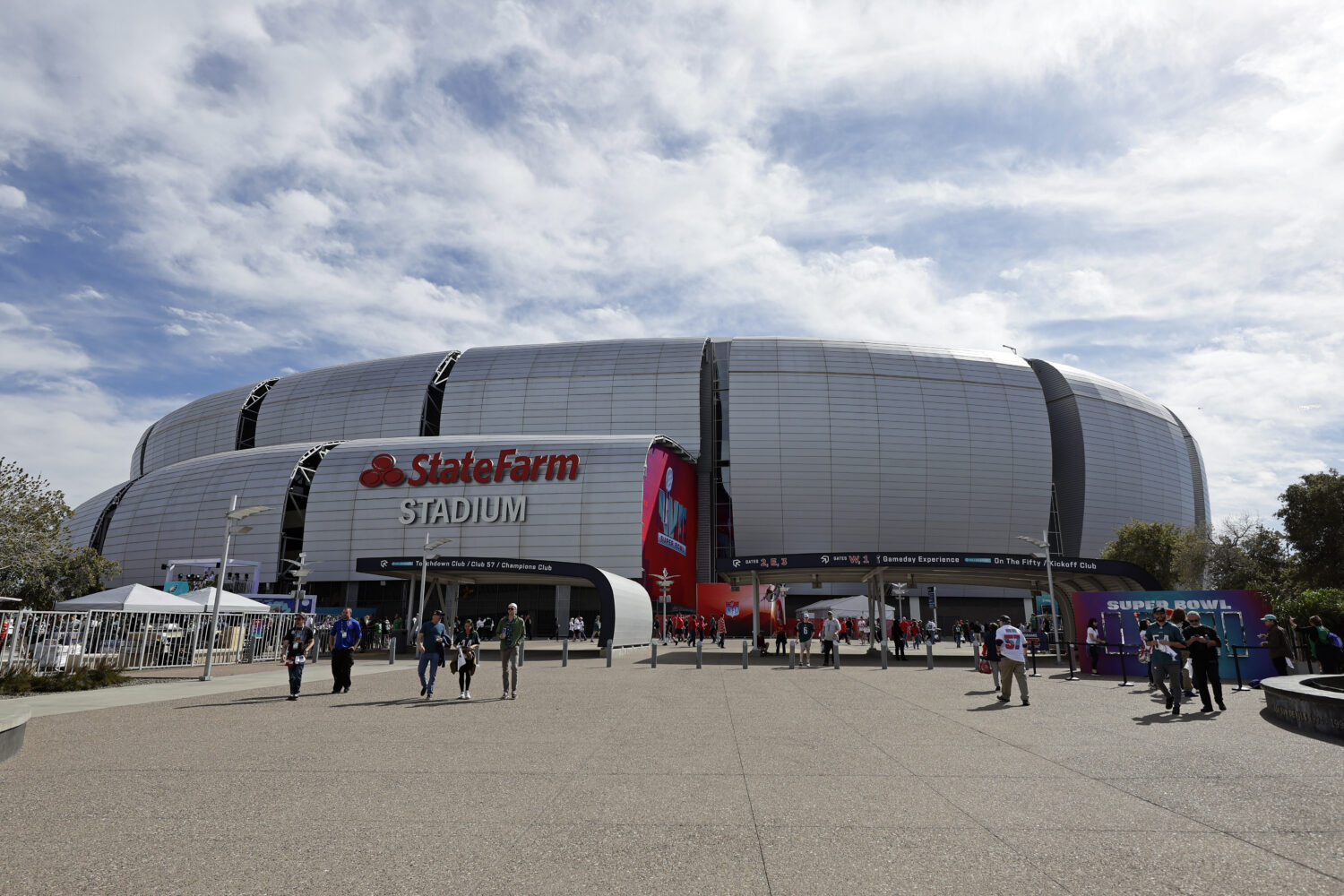 FILE - The exterior of State Farm Stadium is seen before the NFL Super Bowl 57 football game in Gle...