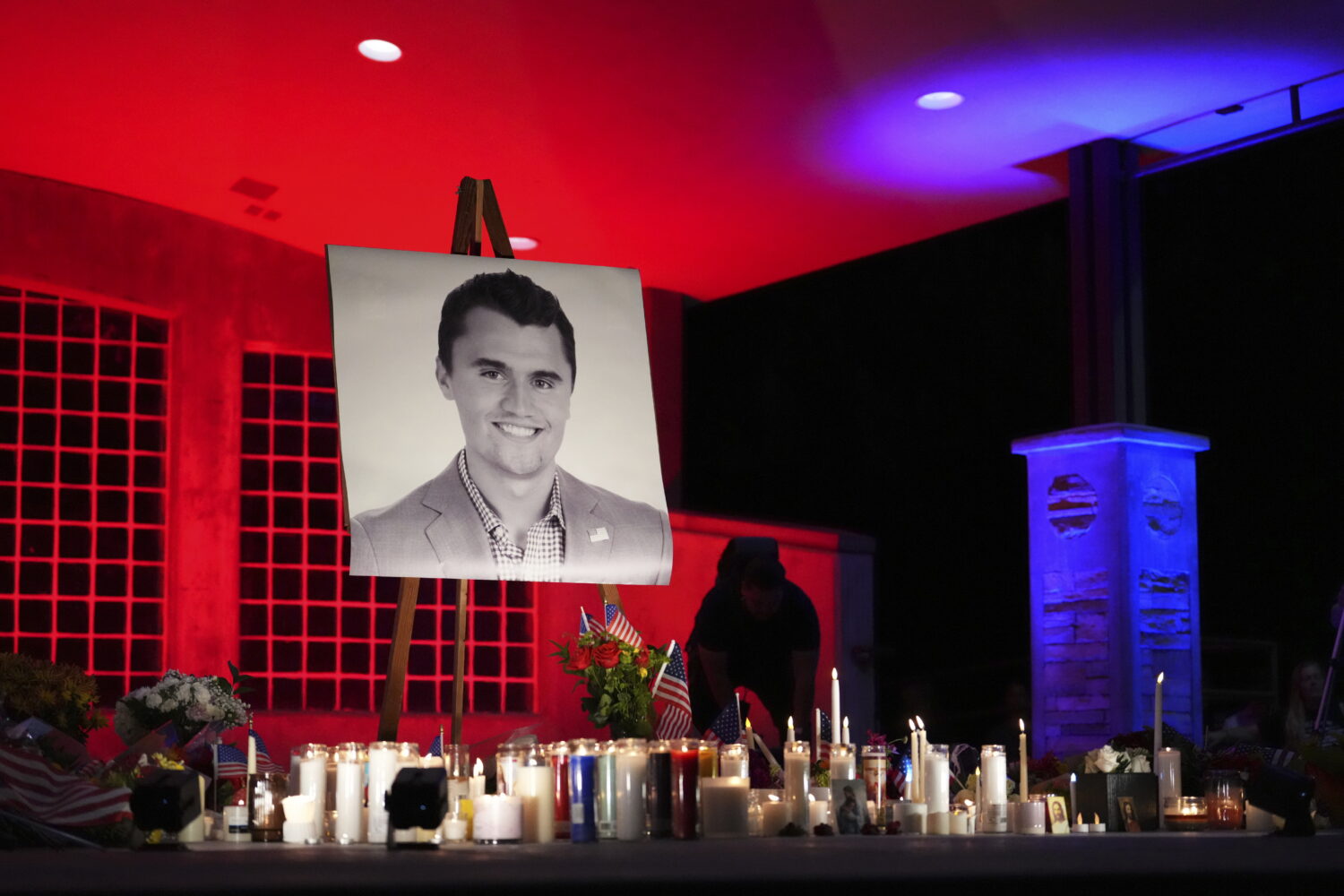 A photo of Charlie Kirk, the CEO and co-founder of Turning Point USA who was shot and killed, stand...