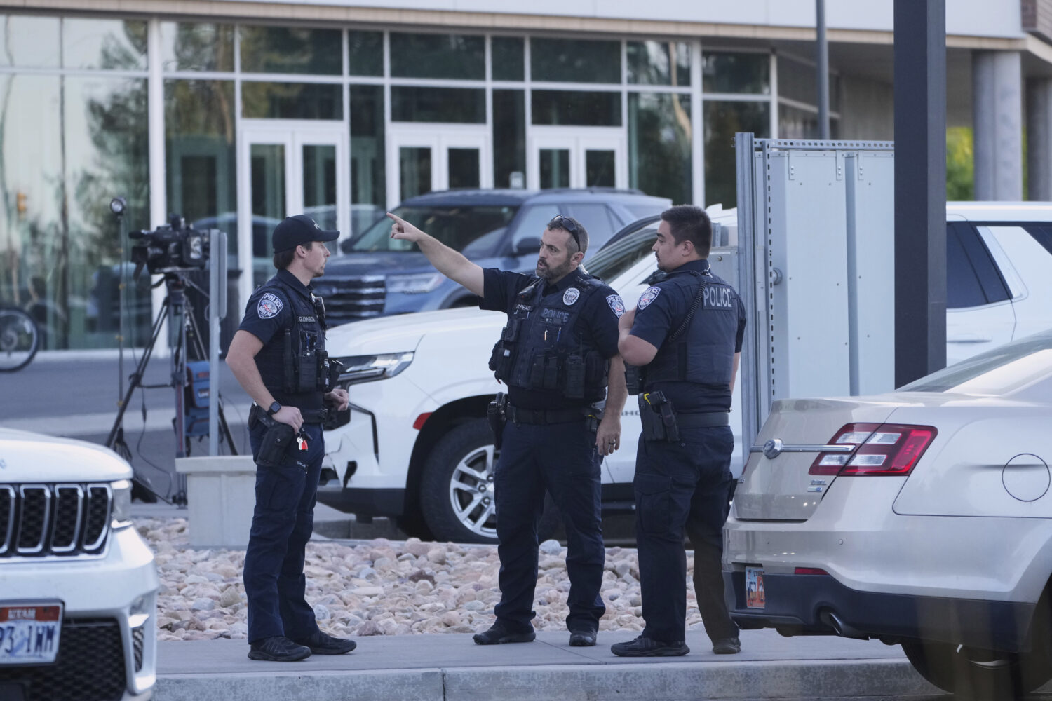 Orem police monitor the campus at Utah Valley University a day after Charlie Kirk was shot and kill...