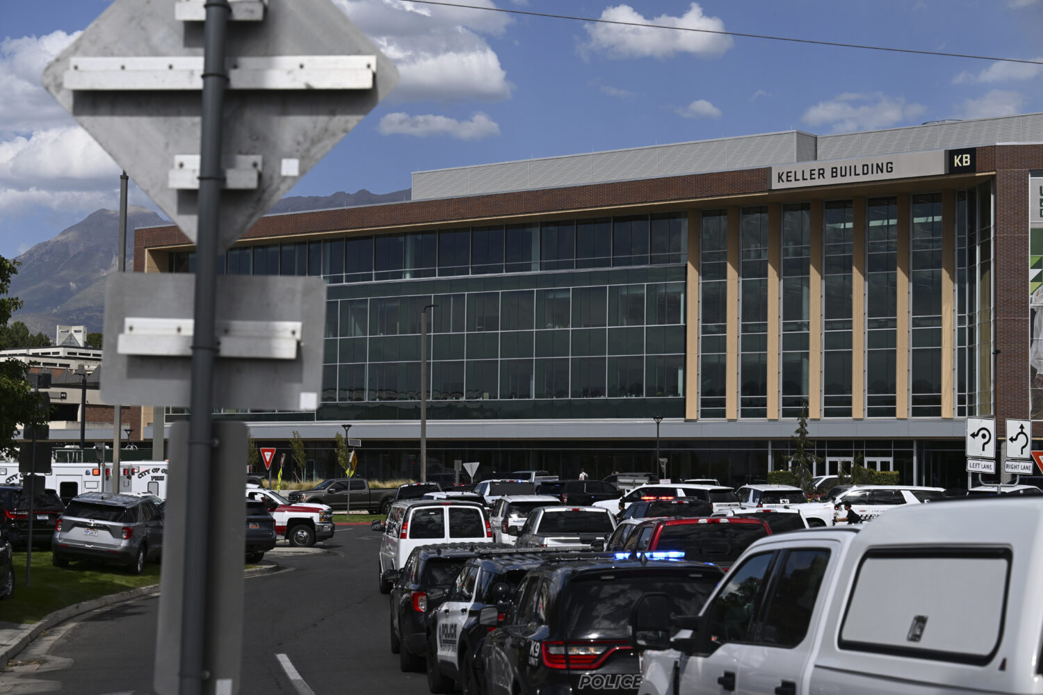 First responder vehicles are seen outside the Keller Building on the Utah Valley University campus ...