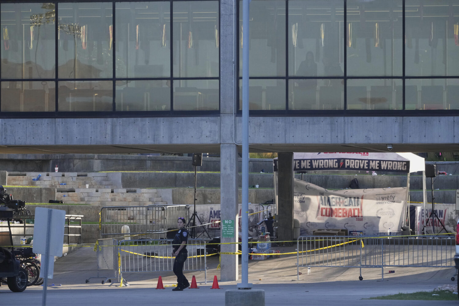 Police barricades and tape is set up at Utah Valley University a day after Charlie Kirk was shot an...