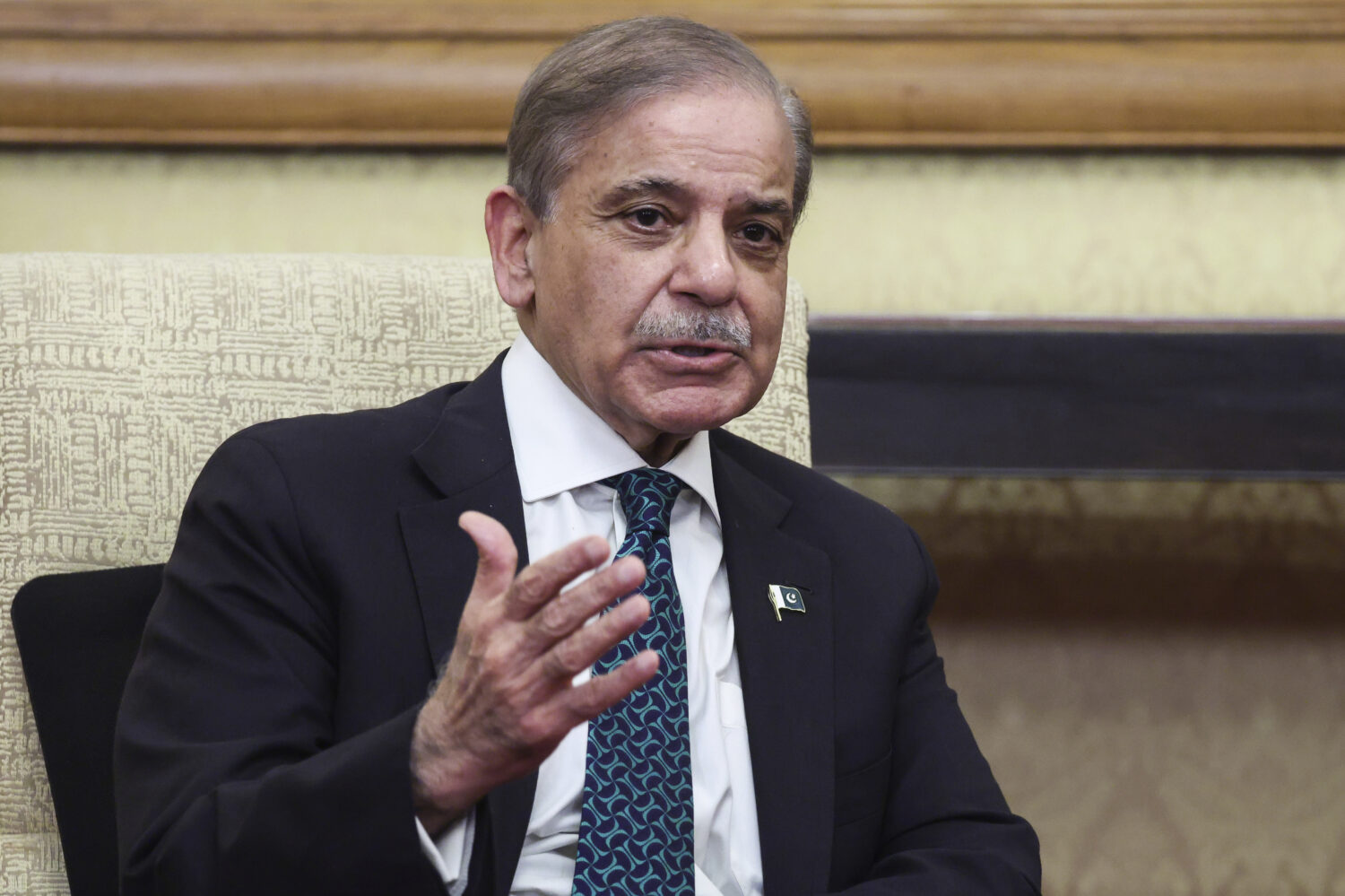Pakistan's Prime Minister Shehbaz Sharif meets with Russian President Vladimir Putin, not pictured,...