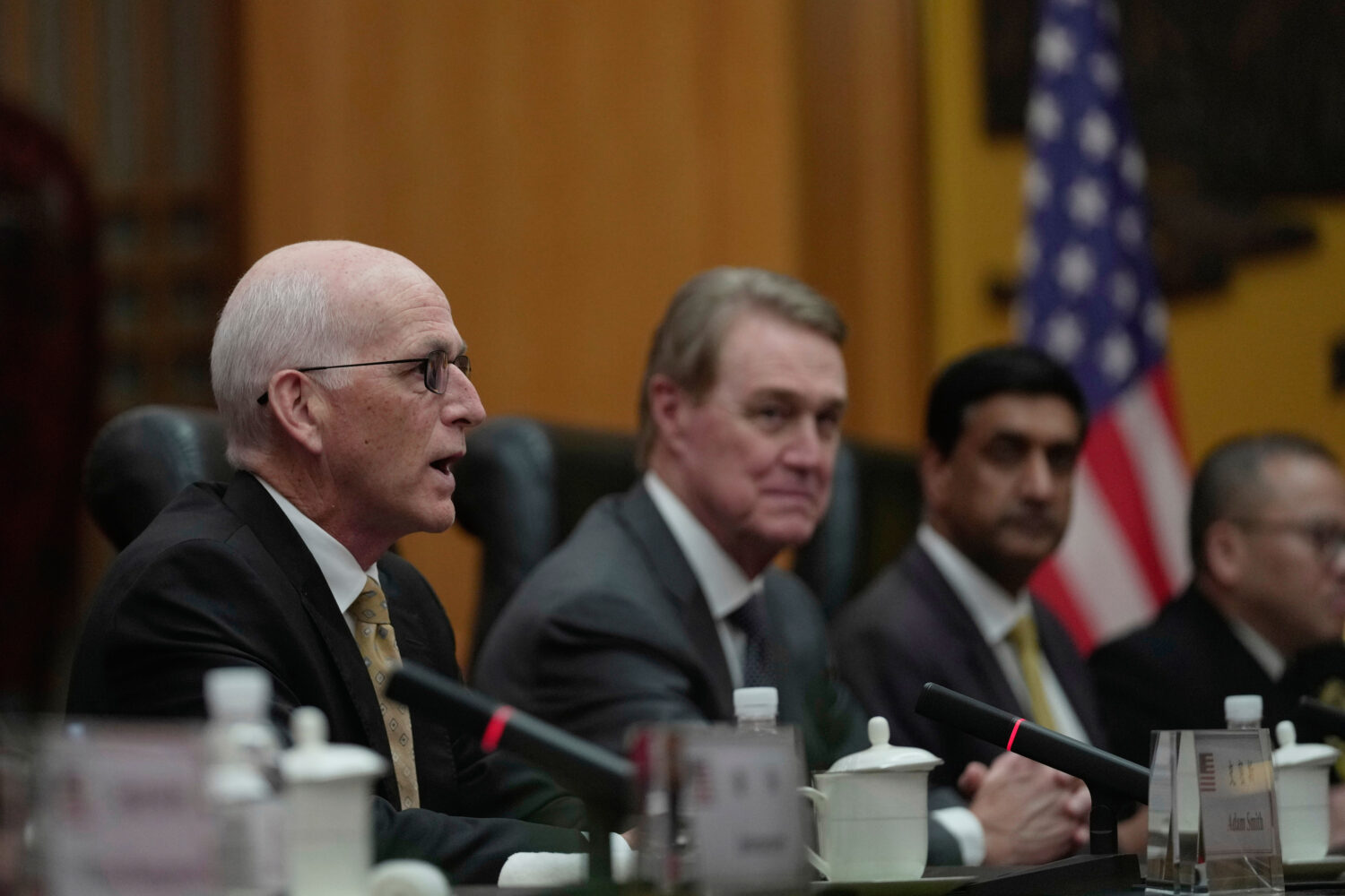 U.S. Rep. Adam Smith, D-Wash, left, speaks as he leads a bipartisan group of U.S. lawmakers for a m...