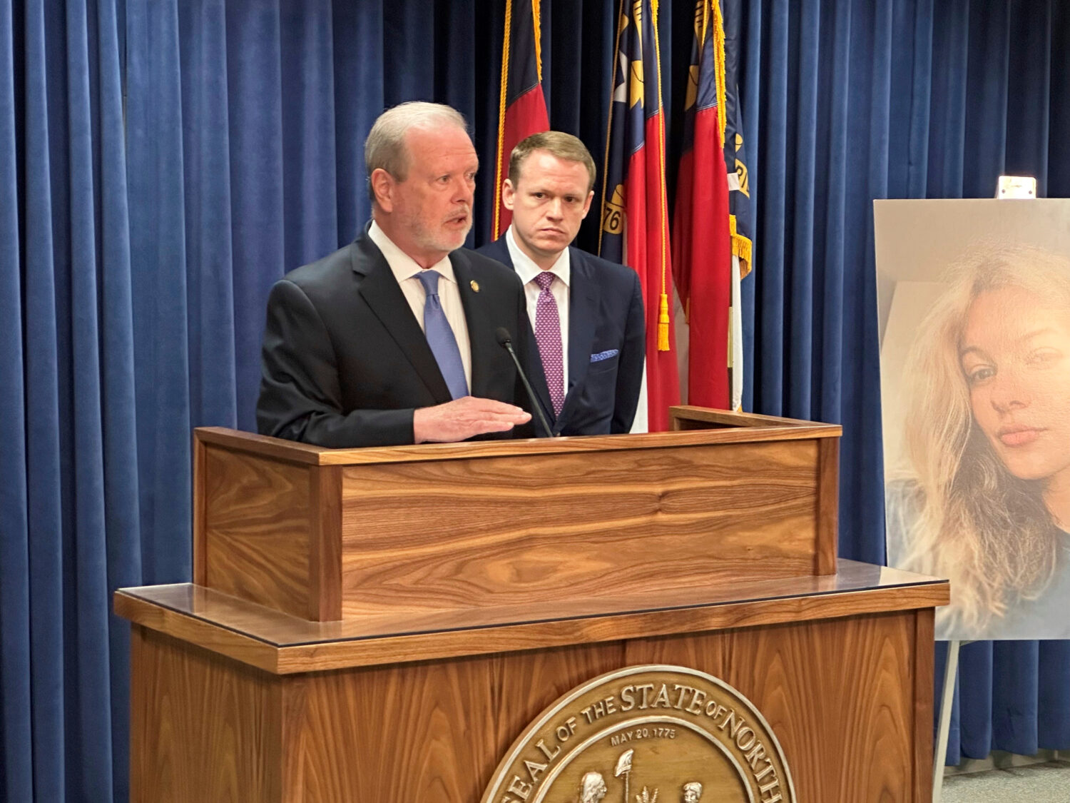 North Carolina state Senate leader Phil Berger, R-Rockingham, left, speaks while House Speaker Dest...
