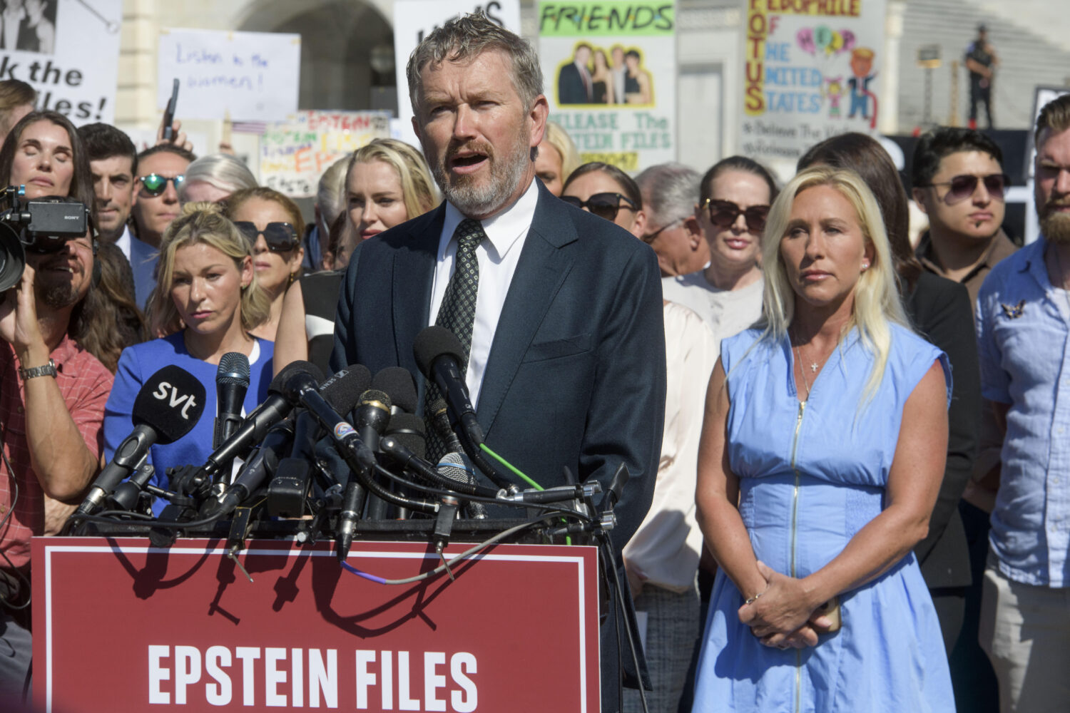 Rep. Thomas Massie, R-Ky., speaks during a news conference regarding the release of the Jeffrey Eps...