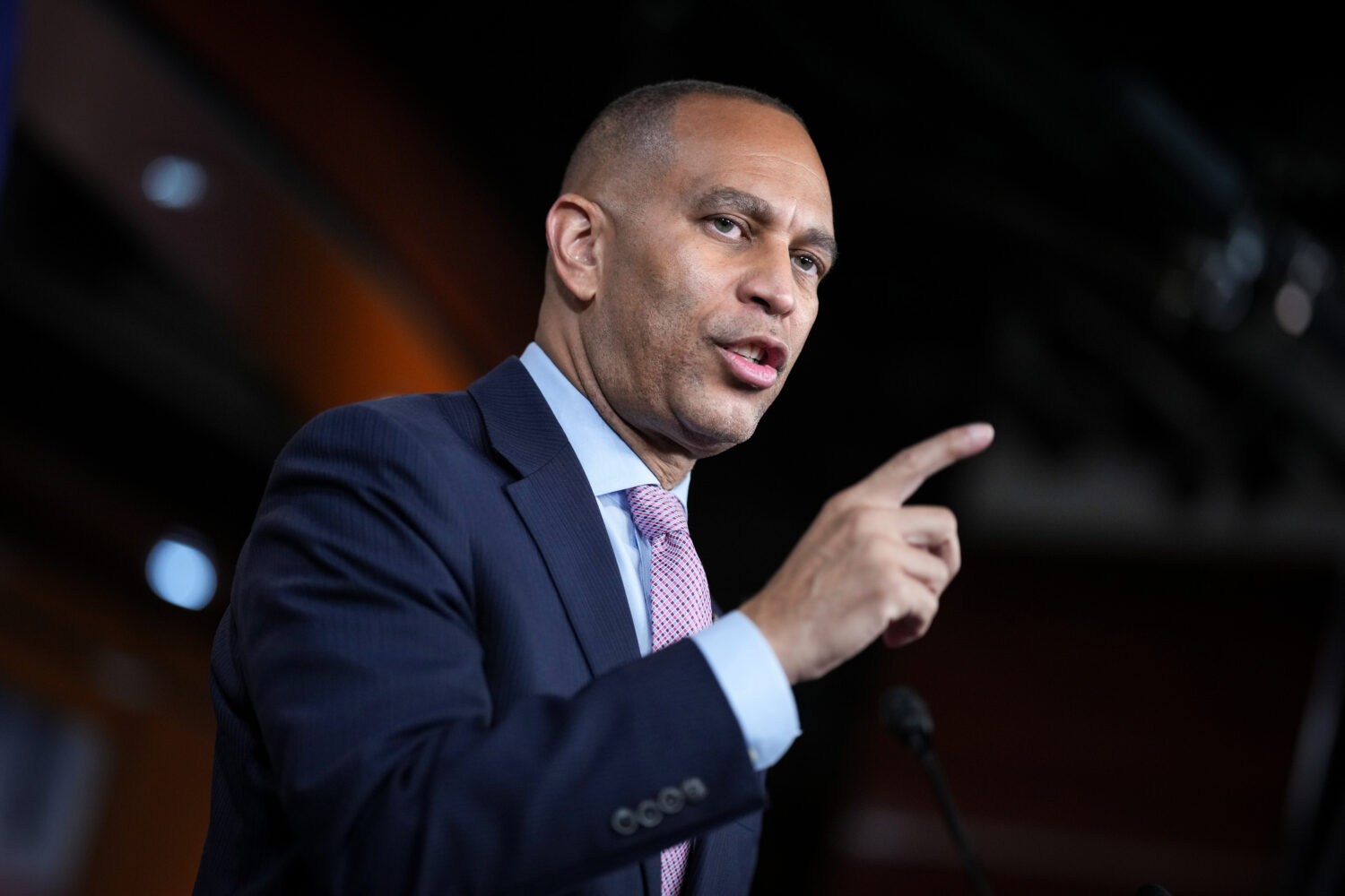 House Minority Leader Hakeem Jeffries, D-N.Y., meets with reporters at the Capitol in Washington, T...