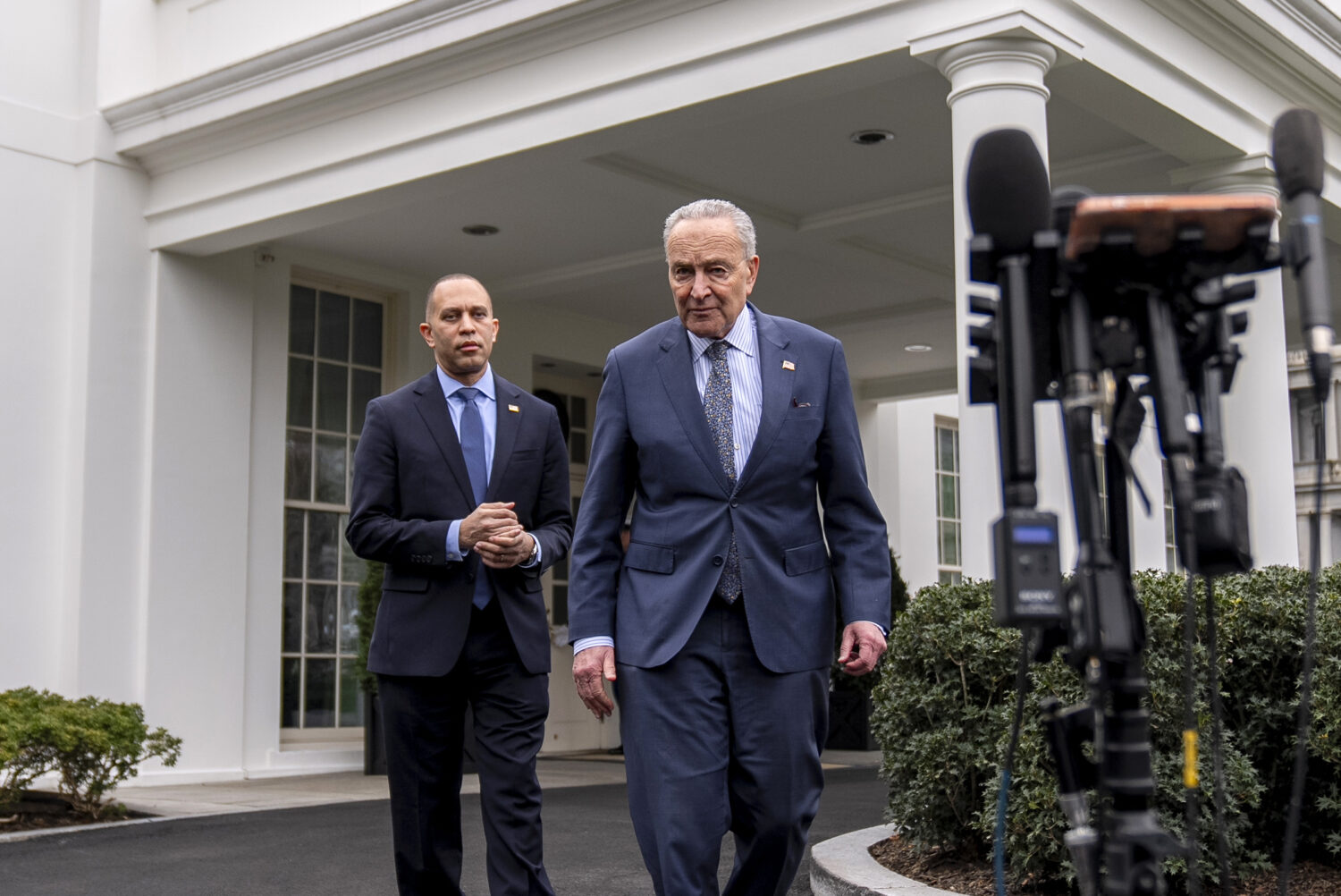 FILE—Sen. Chuck Schumer, D-N.Y., and Rep. Hakeem Jeffries, D-N.Y., left, arrive to speak to membe...