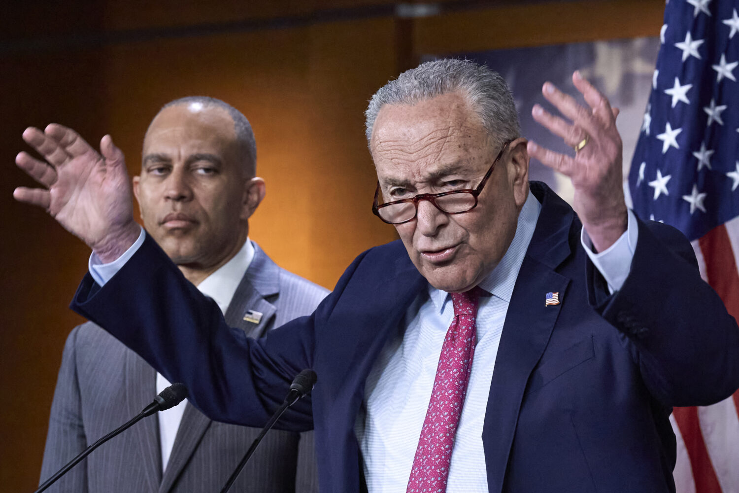 FILE—Senate Minority Leader Chuck Schumer, D-N.Y., and House Minority Leader Hakeem Jeffries, D-N...