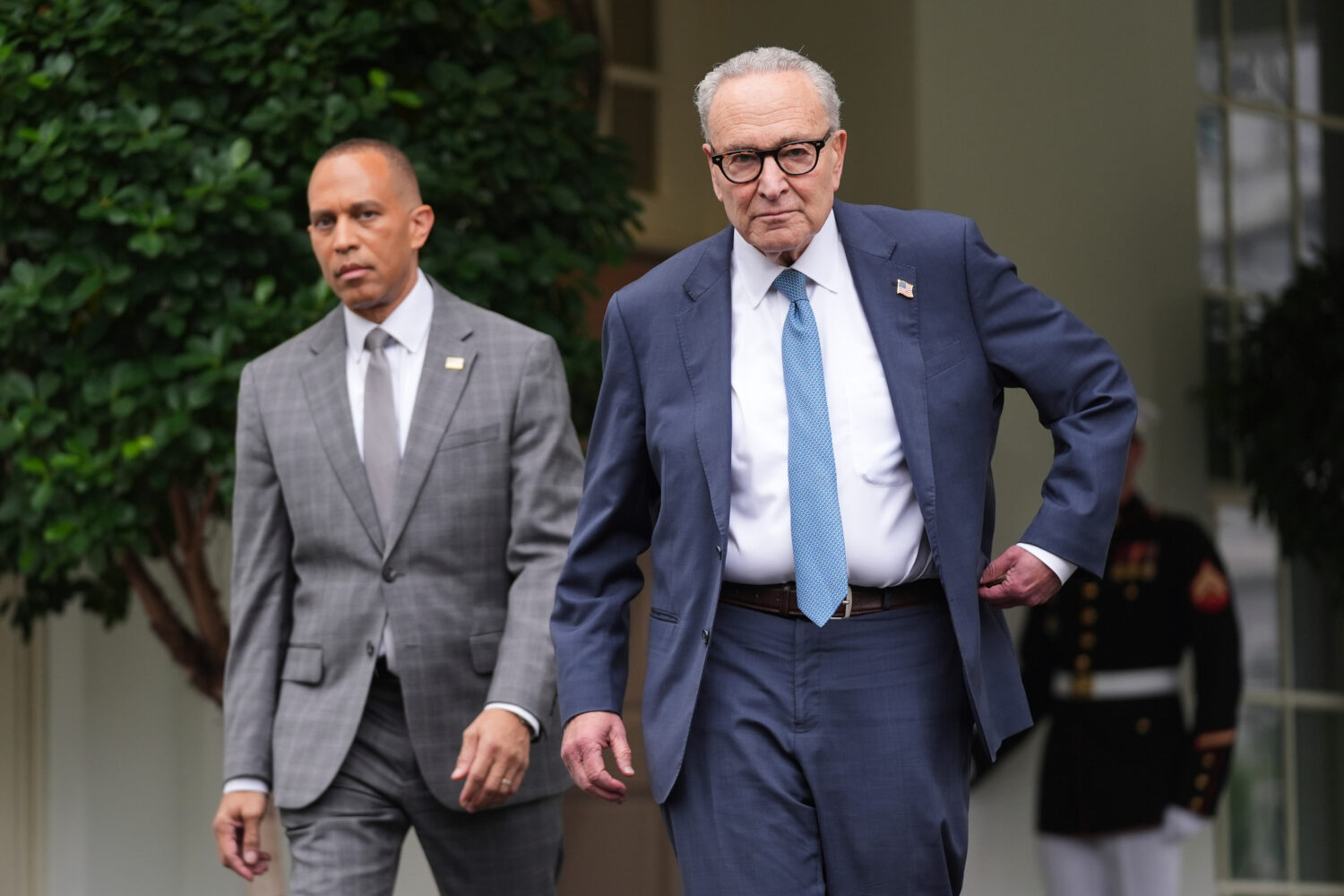 Senate Minority Leader Chuck Schumer, D-N.Y., right, and House Minority Leader Hakeem Jeffries, D-N...