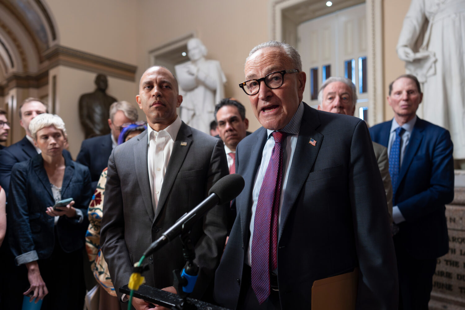 FILE - House Democratic Leader Hakeem Jeffries, left, and Senate Democratic Leader Chuck Schumer, b...