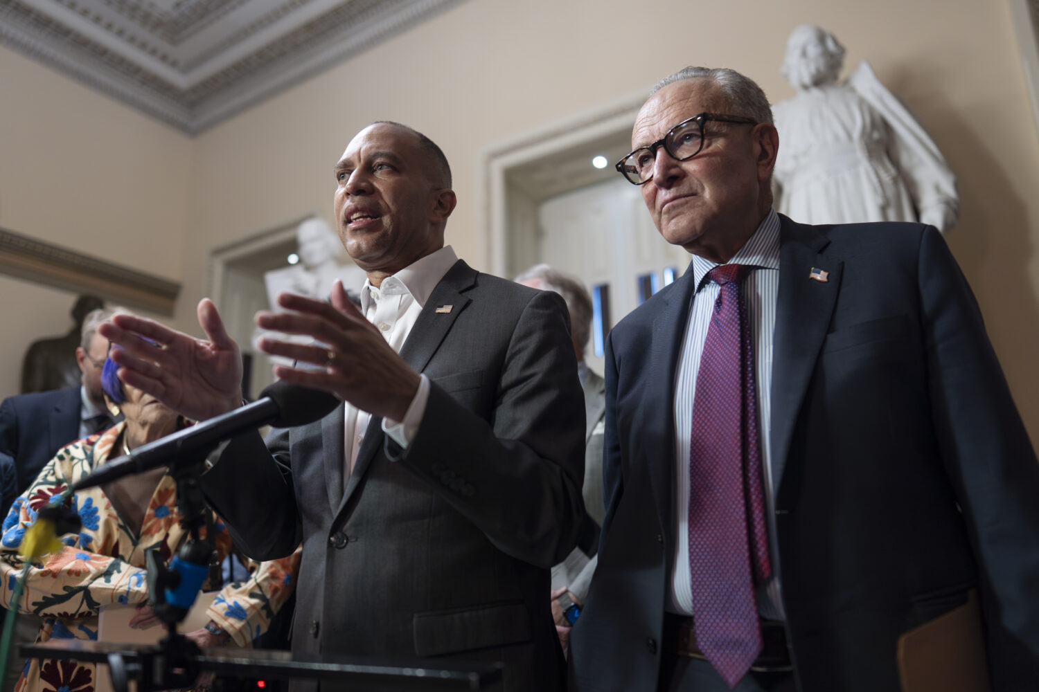 House Democratic Leader Hakeem Jeffries, left, and Senate Democratic Leader Chuck Schumer, both of ...