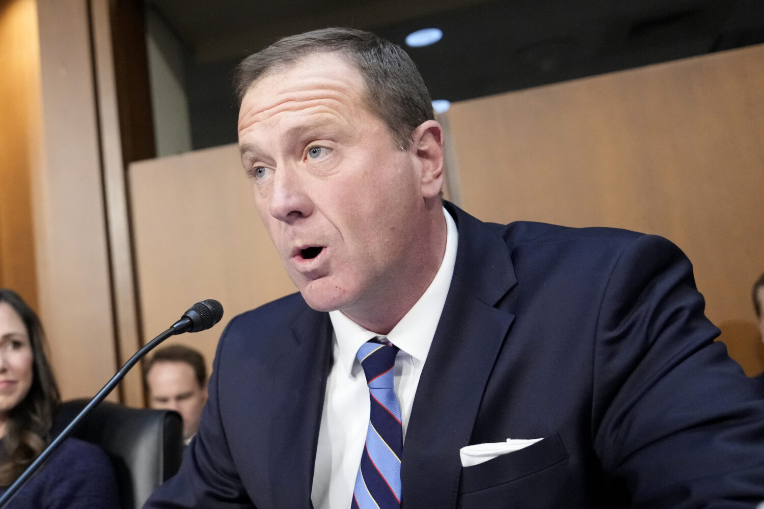 FILE - Sen. Eric Schmitt, R-Mo., speaks during the confirmation hearing for Kash Patel, at the Capi...