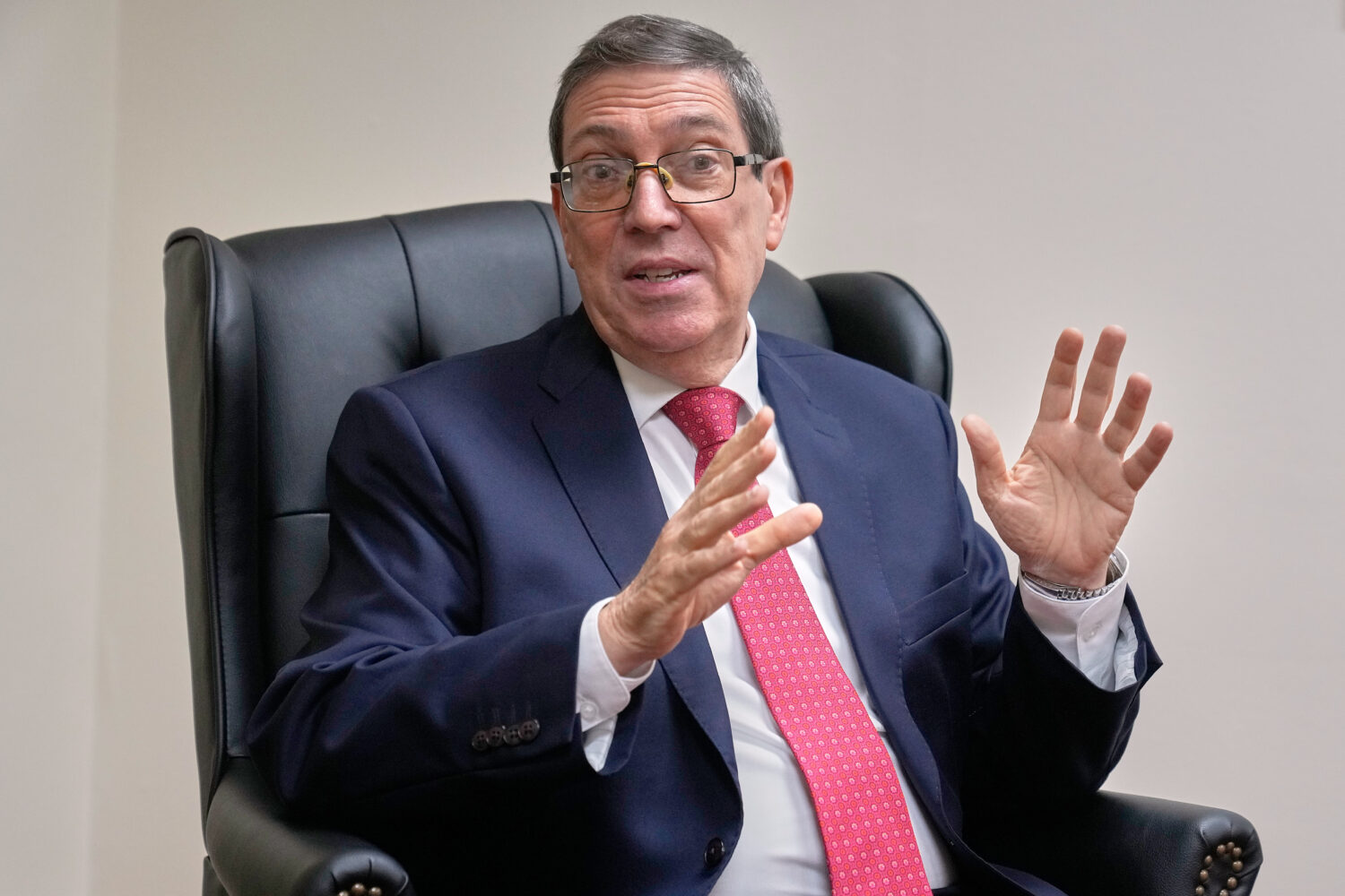 Cuba's Foreign Minister Bruno Rodriguez Parrilla speaks during an interview with The Associated Pre...