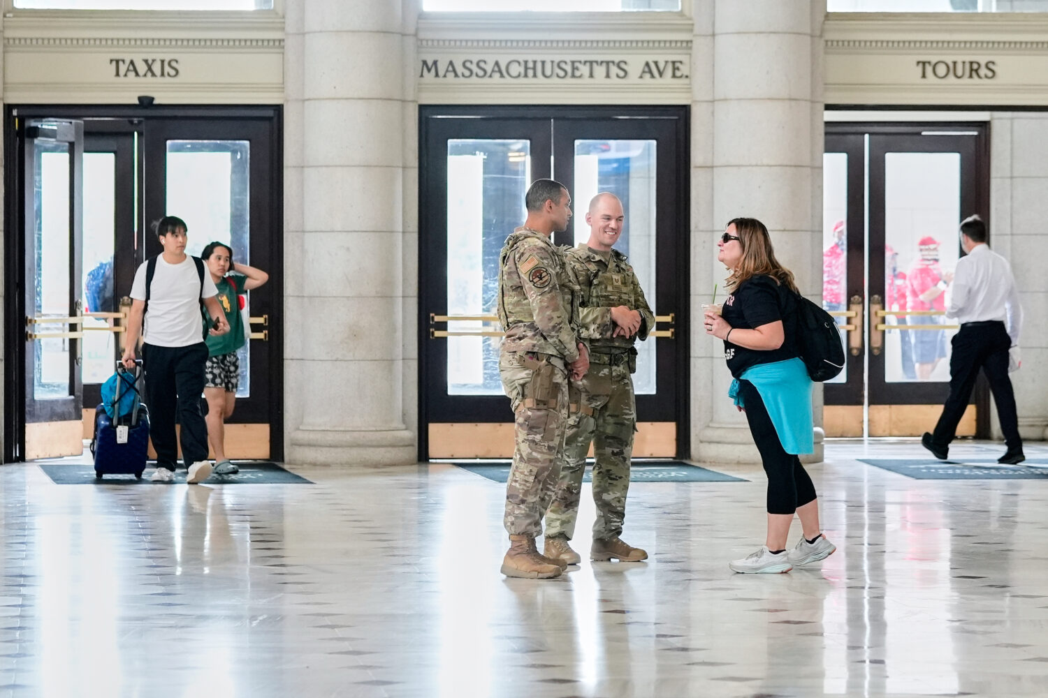 Members of the District of Columbia National Guard patrol Union Station, Tuesday, Sept. 2, 2025, in...