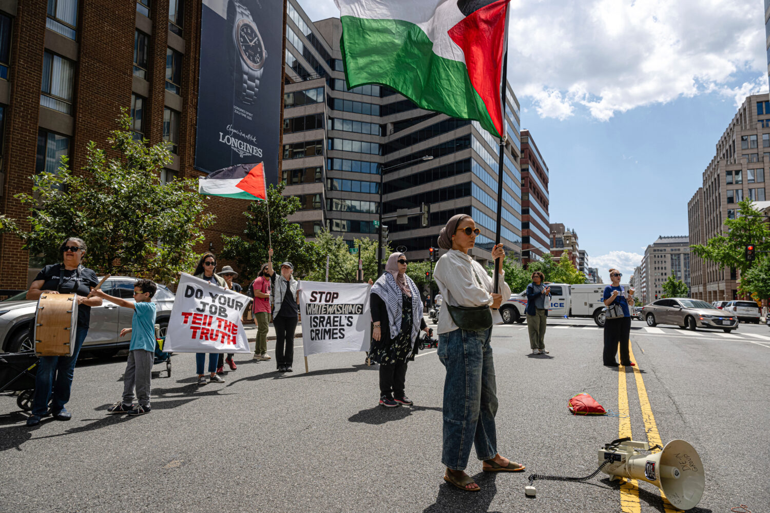 Pro-Palestinian demonstrators gather for a protest in front of the Associated Press offices, Thursd...