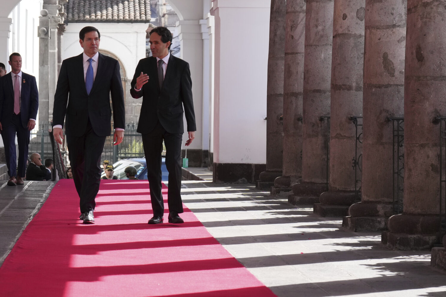 U.S. Secretary of State Marco Rubio, left, arrives to meet with Ecuador's President Daniel Noboa at...