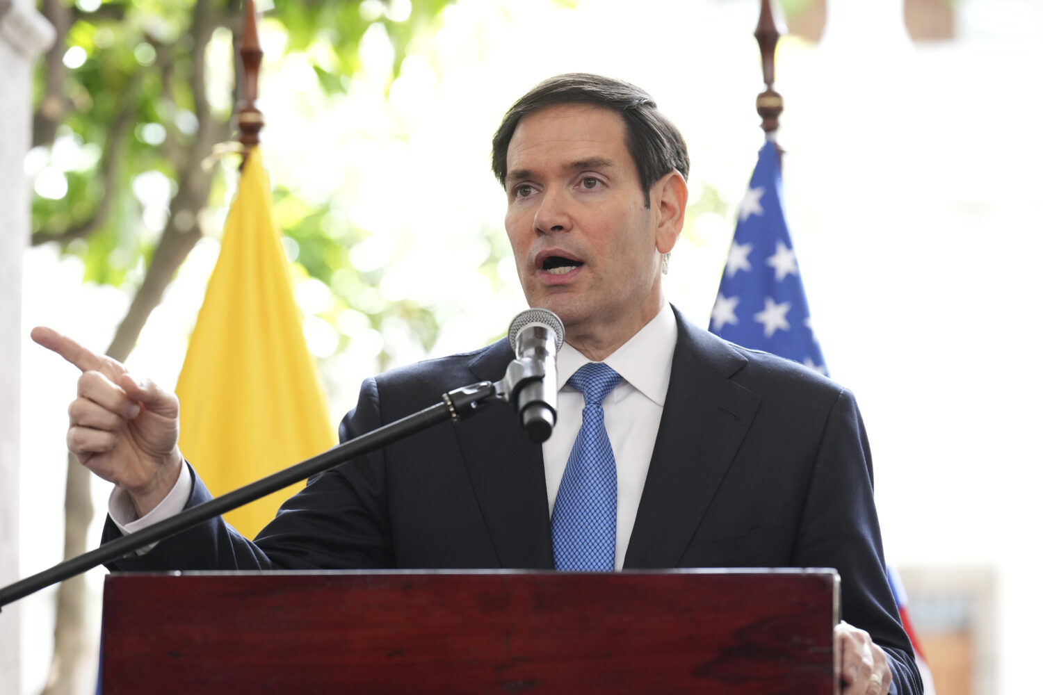 Secretary of State Marco Rubio speaks during a joint news conference with Ecuador’s Foreign Minis...