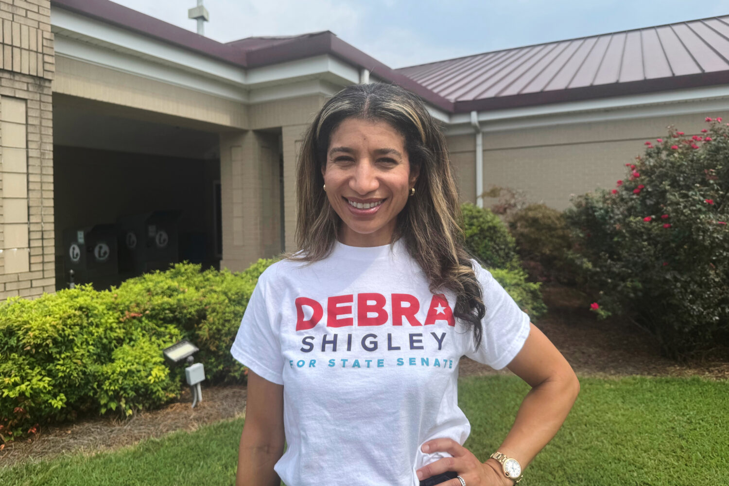 Democratic state Senate candidate Debra Shigley poses for a photo in Canton, Ga. Saturday, Sept. 6,...
