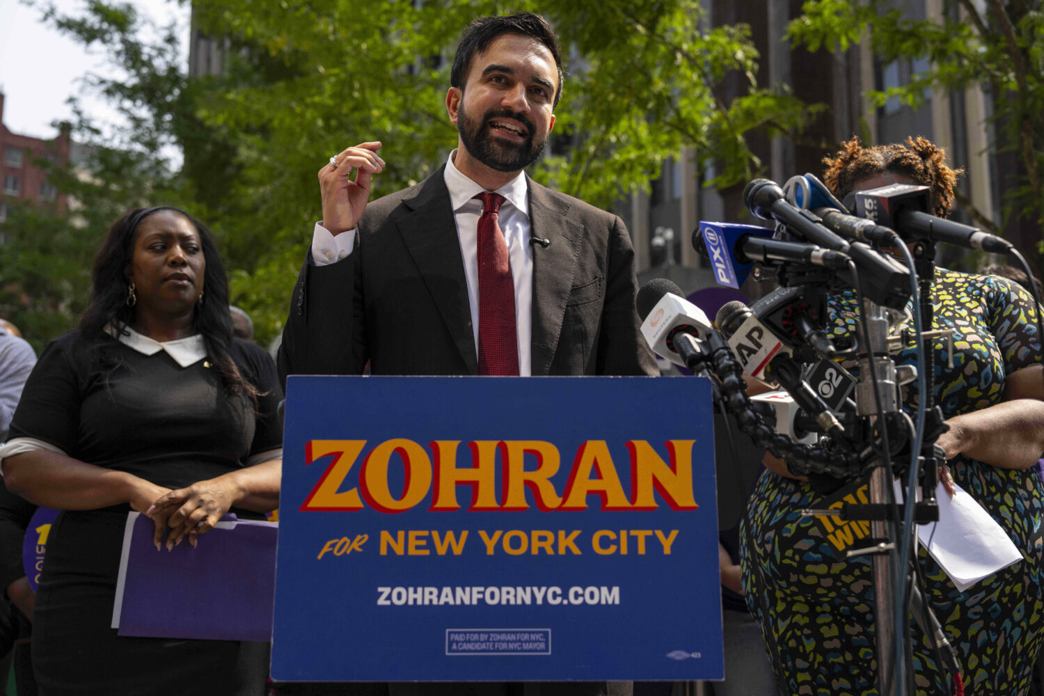 FILE - New York City Democratic mayoral candidate Zohran Mamdani speaks during a press conference o...