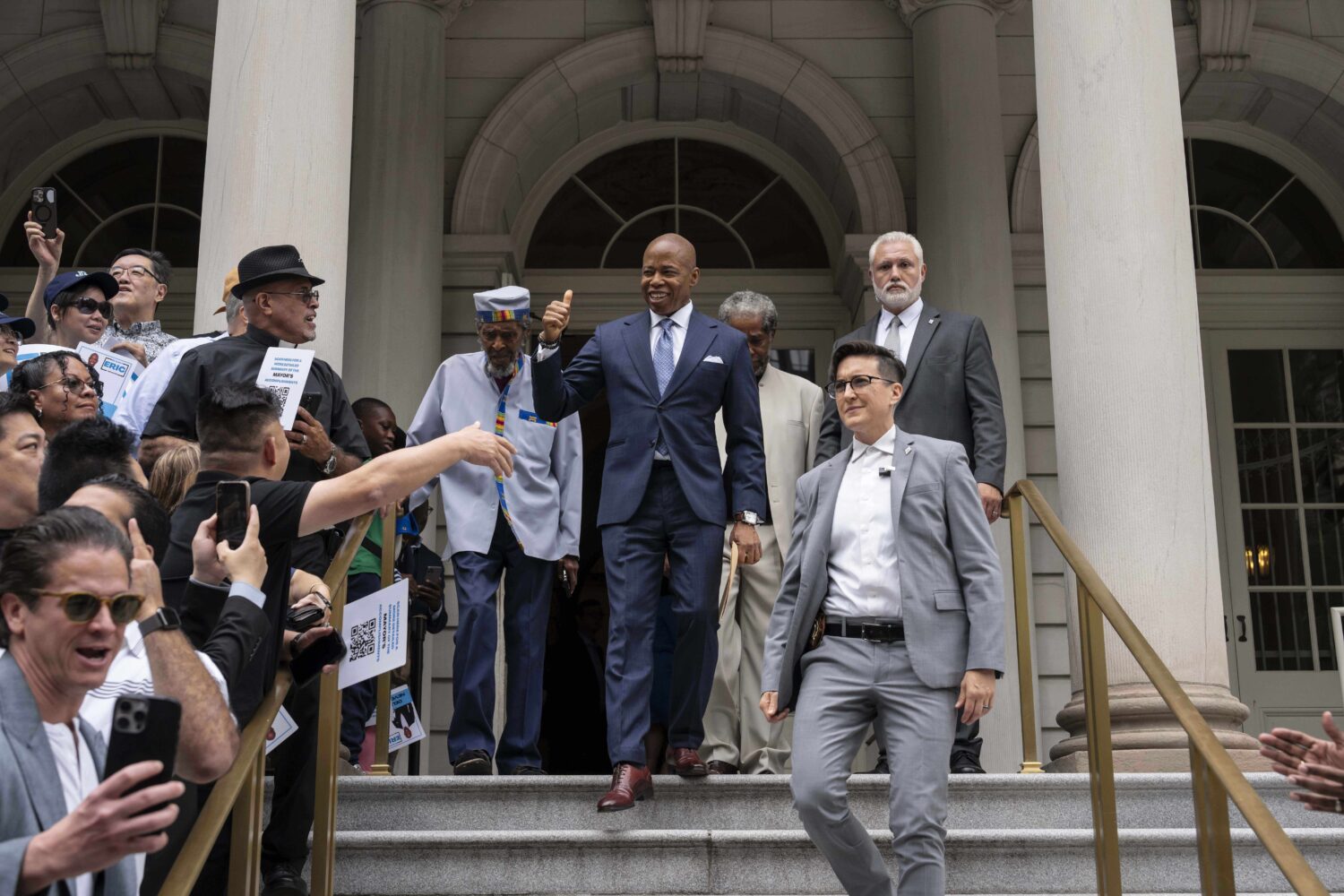 FILE - New York Mayor Eric Adams arrives at his campaign launch rally at City Hall, June. 26, 2025,...
