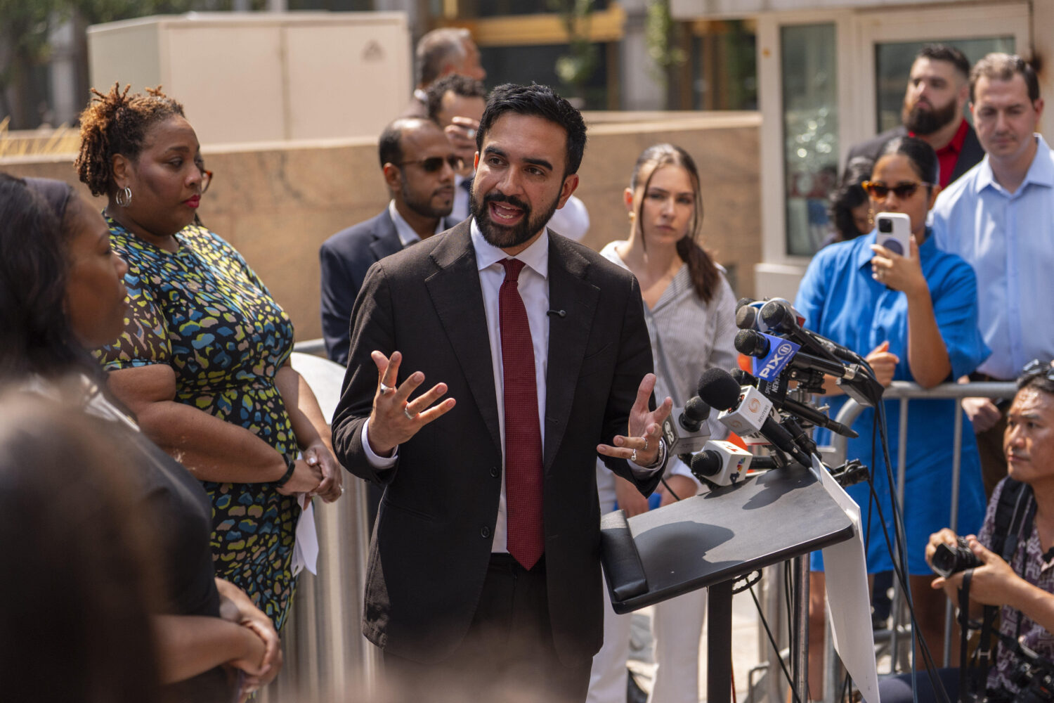 FILE - New York City Democratic mayoral candidate Zohran Mamdani speaks during a press conference o...