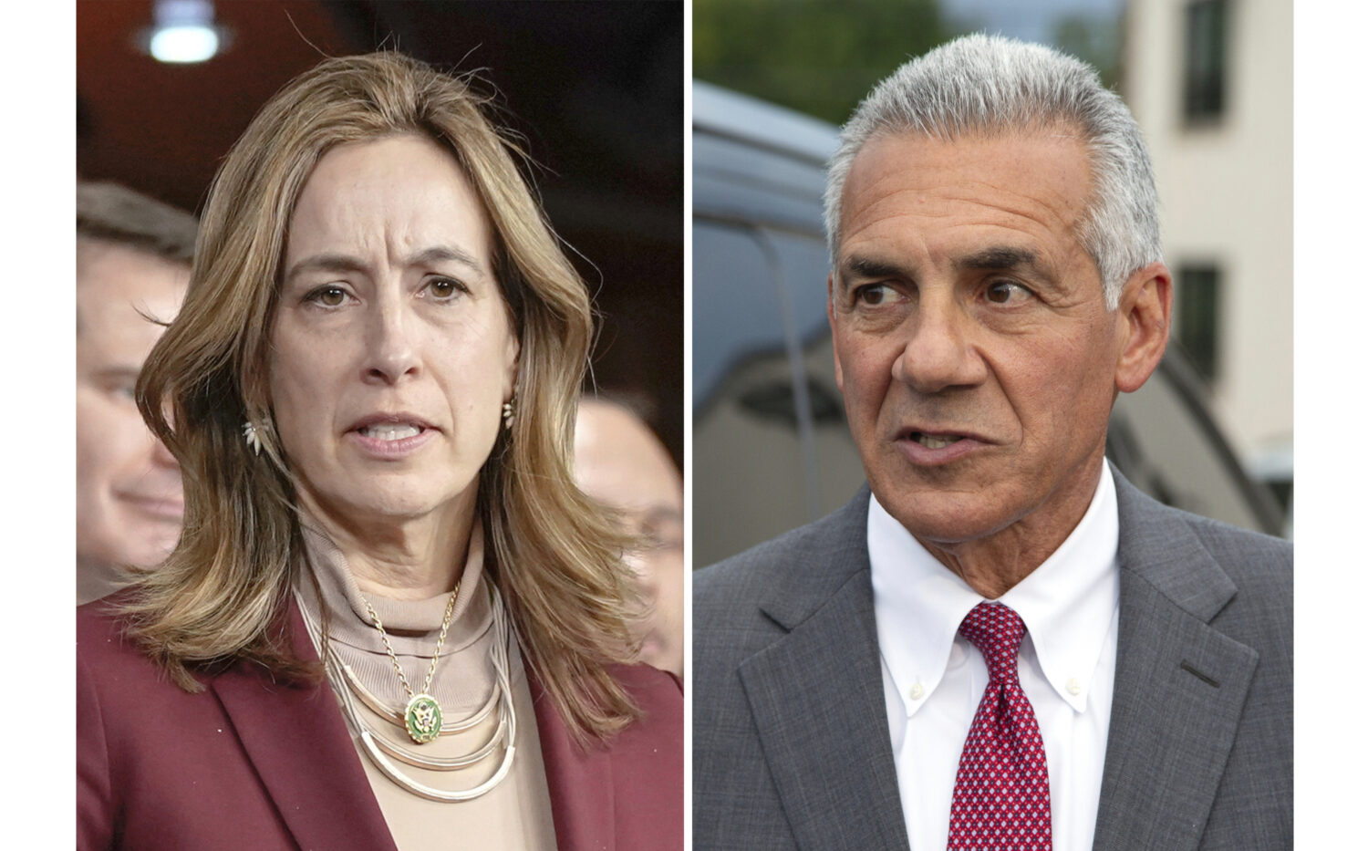 This combination photo shows Rep. Mikie Sherrill, D-N.J., on Capitol Hill, Feb. 13, 2024, in Washin...