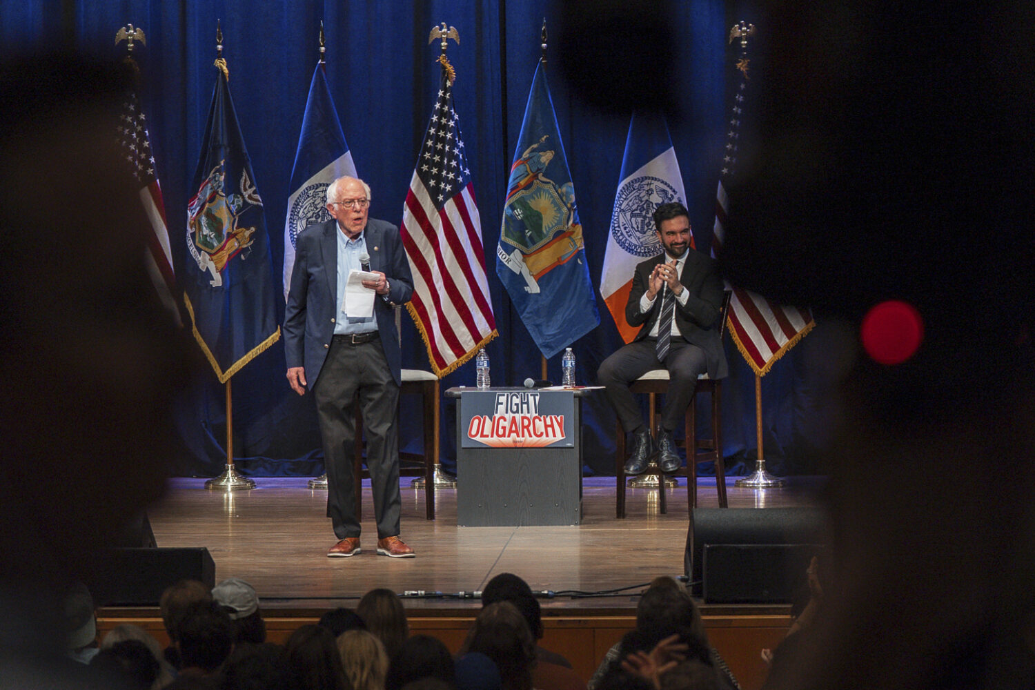 Sen. Bernie Sanders, I-Vt., left, and New York City mayoral candidate Zohran Mamdani speak during a...