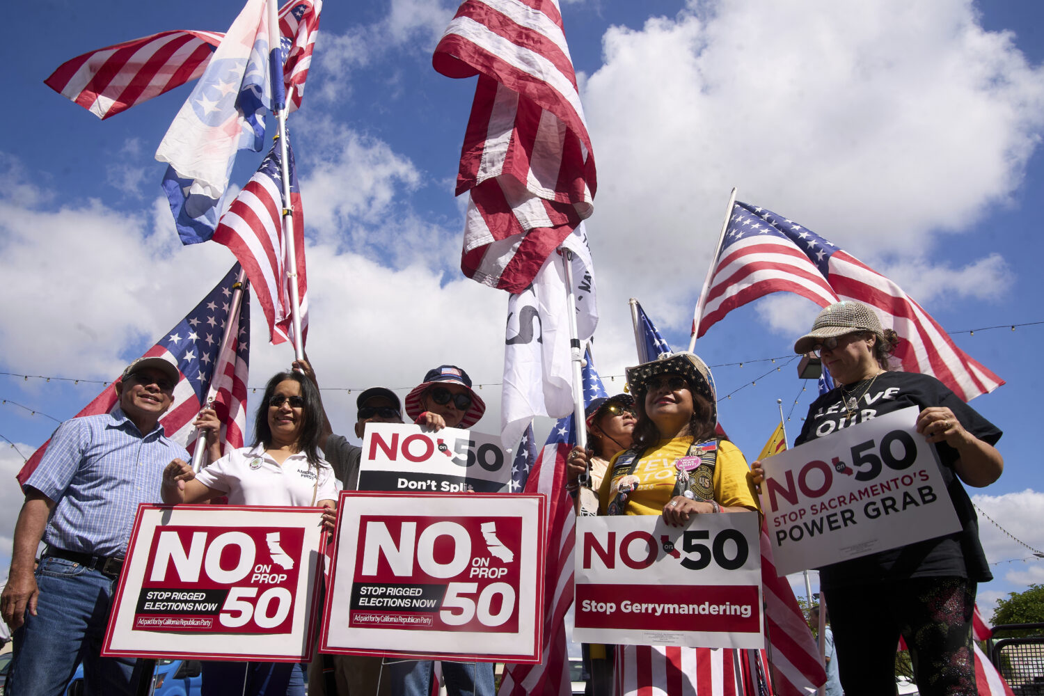 Opponents of California Proposition 50, also known as the Election Rigging Response Act, a Californ...