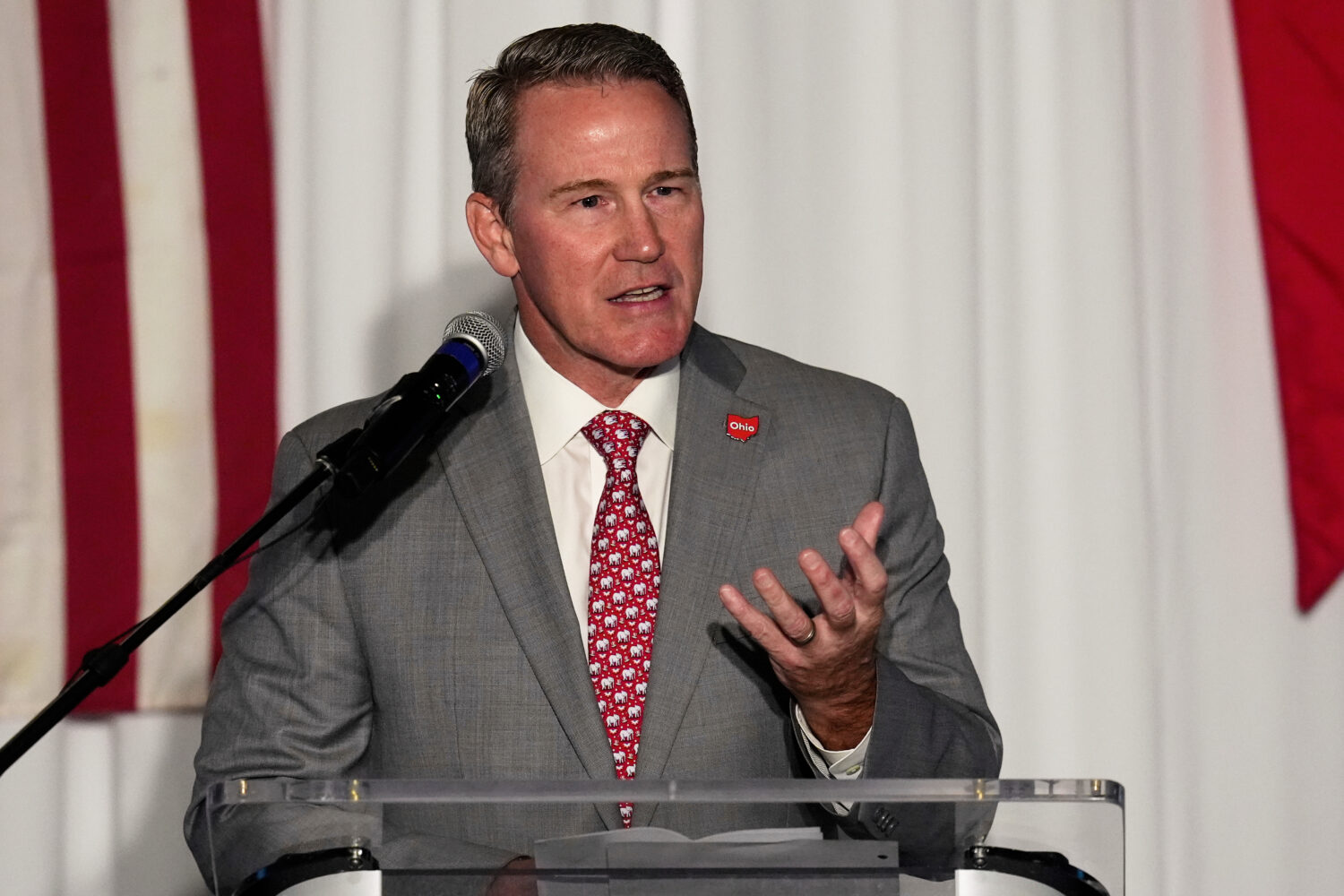 U.S. Sen. Jon Husted, R-Ohio, candidate for Senate in 2026, speaks in Columbus, Ohio, Monday, Sept....