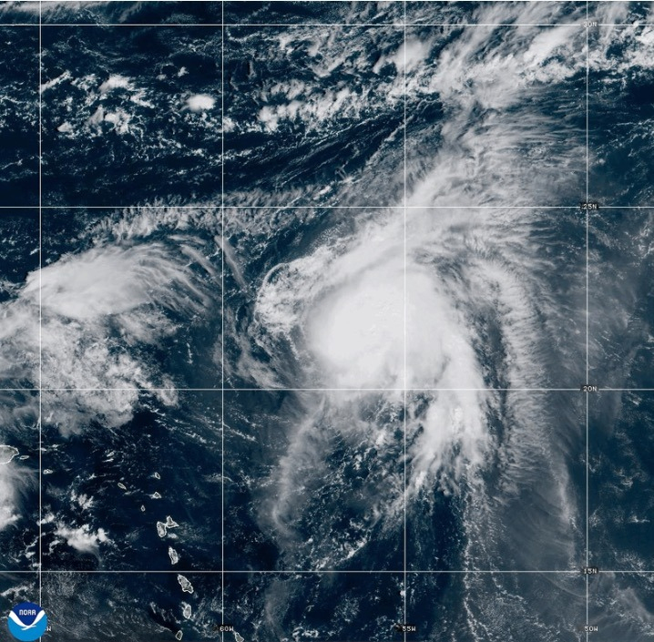 This NOAA satellite image taken at 11:36 a.m. EST on Thursday, Sept. 25, 2025, shows Tropical Storm...