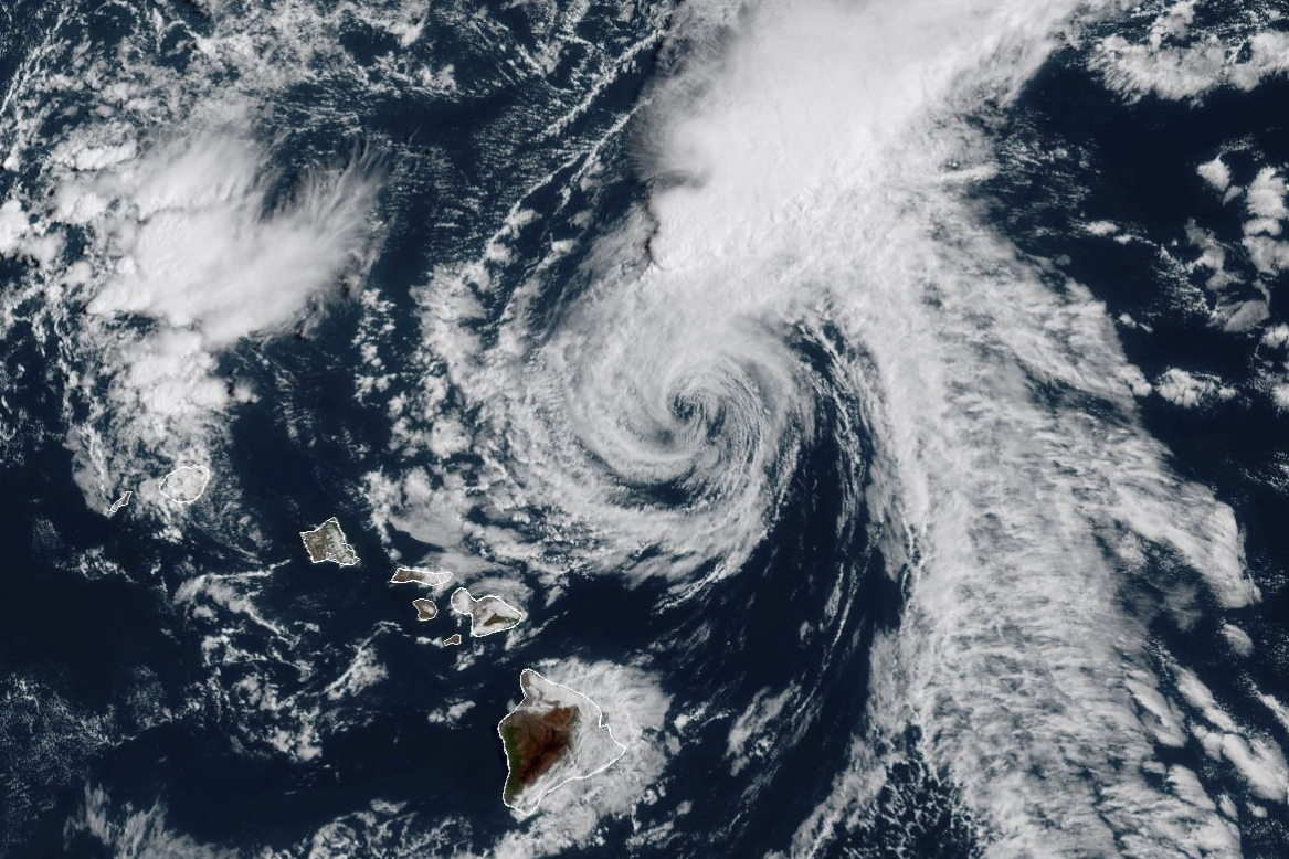 This GOES-West GeoColor satellite image taken Tuesday, Sept. 9, 2025, at 5 p.m. EDT and provided by...