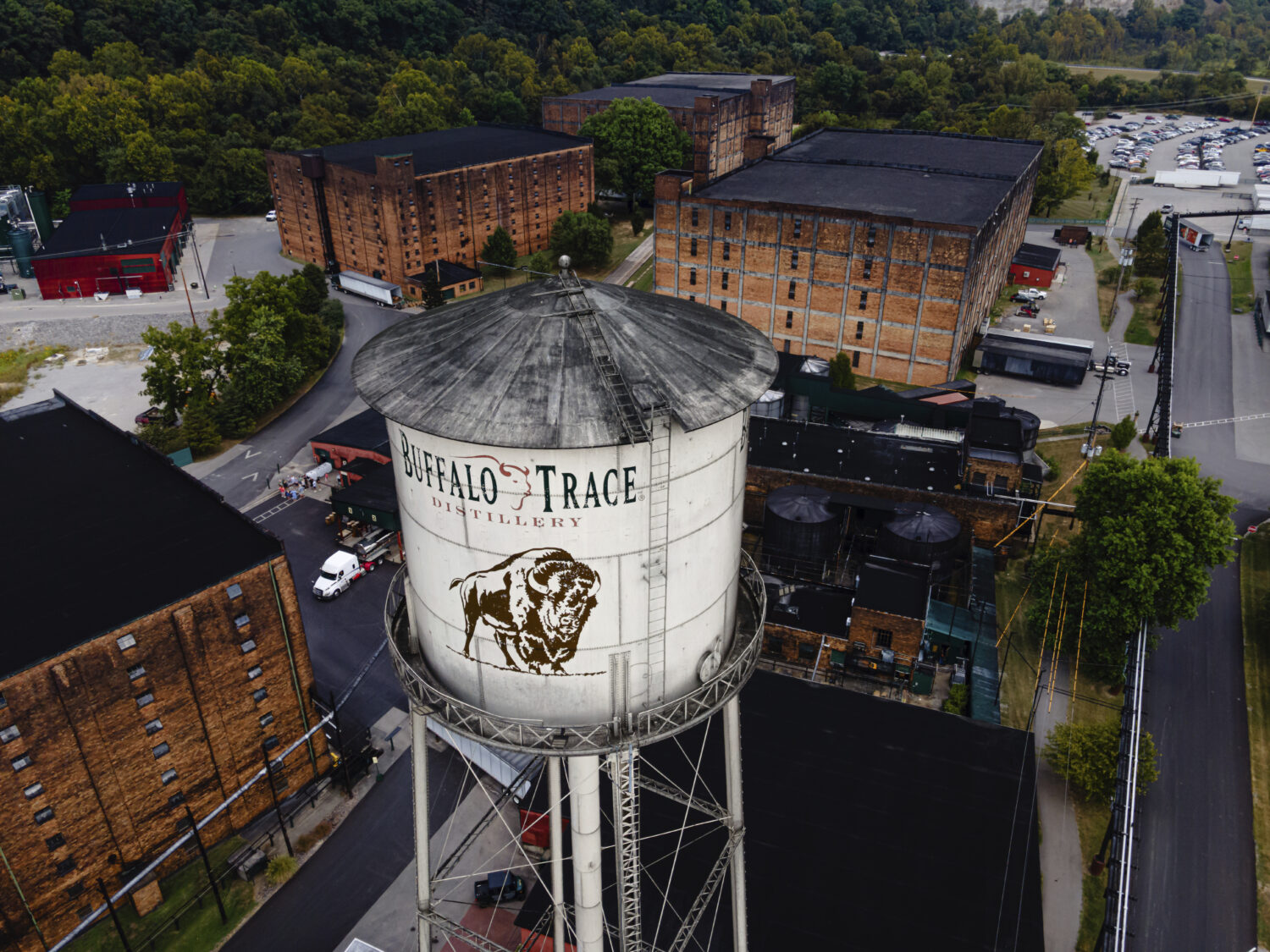 In an aerial view, the Buffalo Trace Distillery is seen on Sept. 16, 2025, in Frankfort, Ky. (AP Ph...