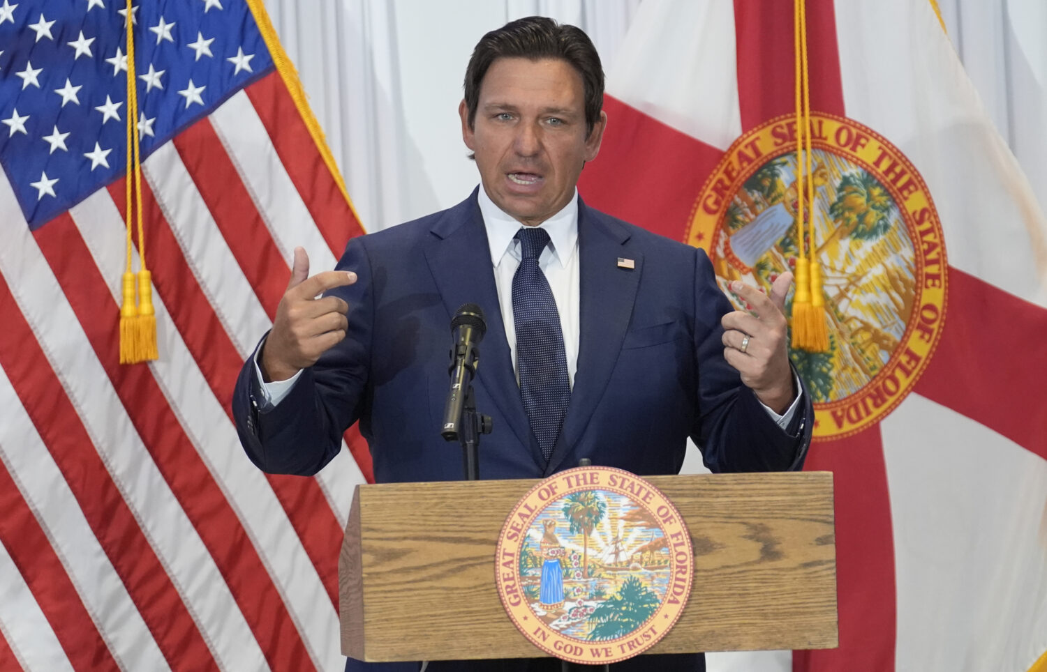FILE - Florida Gov. Ron DeSantis during a news conference Aug. 12, 2025, in Tampa, Fla. (AP Photo/C...