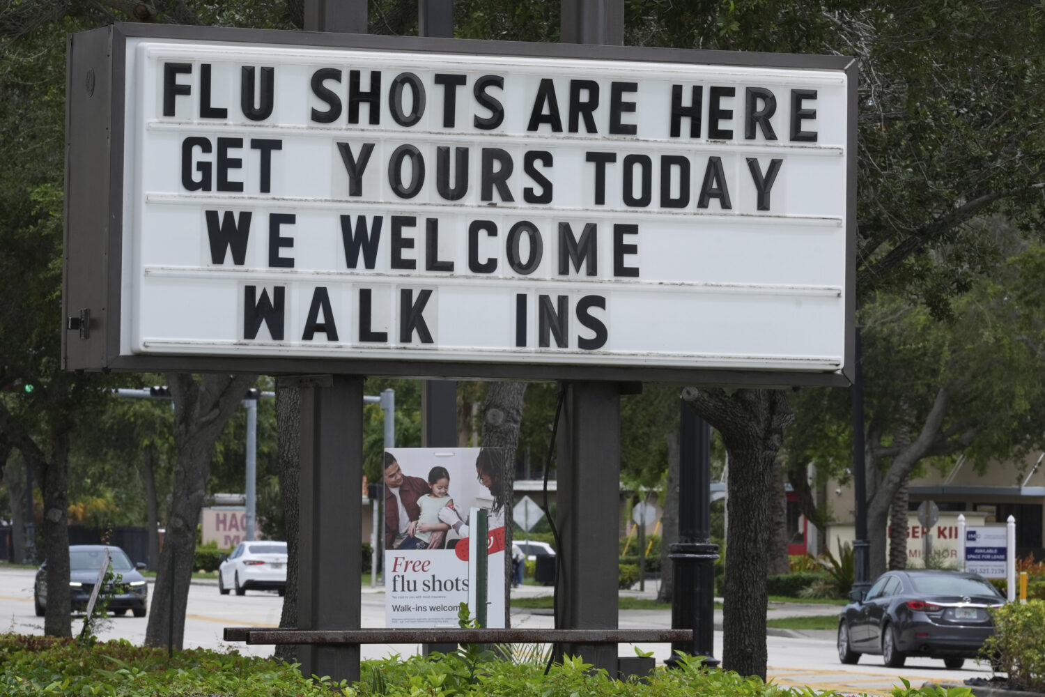 A sign at a Walgreens pharmacy offering flu shots is seen, Thursday, Sept. 4, 2025, in Miami Shores...