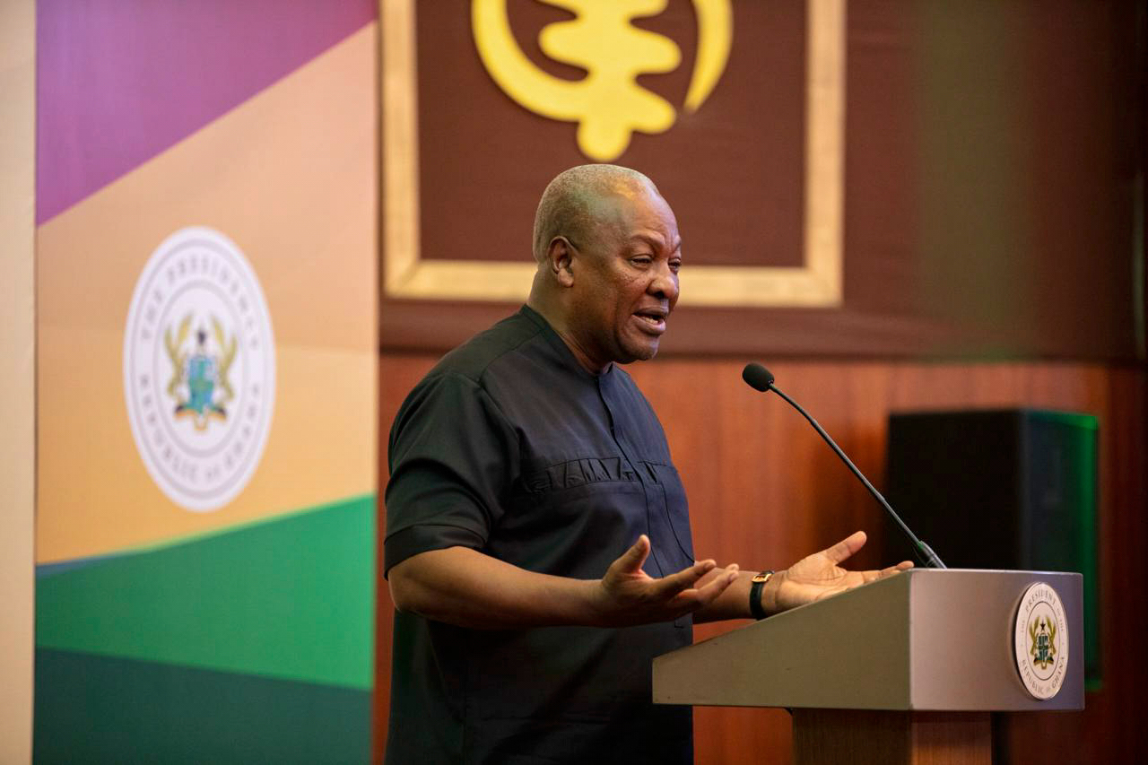 Ghana's President John Mahama speaks to the media at the Jubilee House in Accra, Ghana, Wednesday, ...
