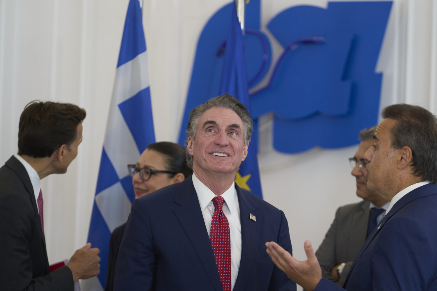 U.S. Secretary of the Interior Doug Burgum arrives at the Maximou Mansion in Athens, for a meeting ...