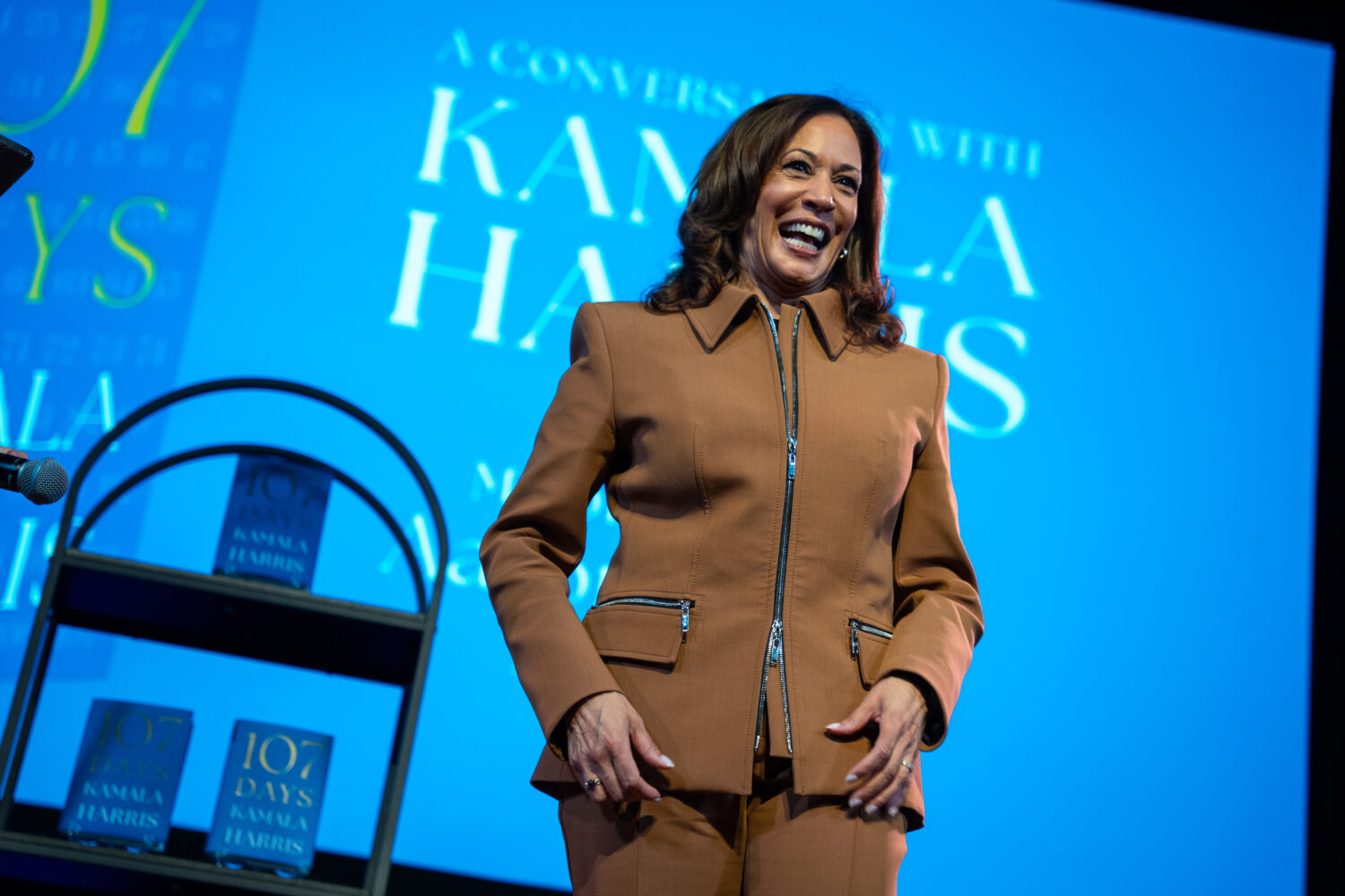 Former Vice President Kamala Harris exits the stage after the first stop of her book tour for her n...