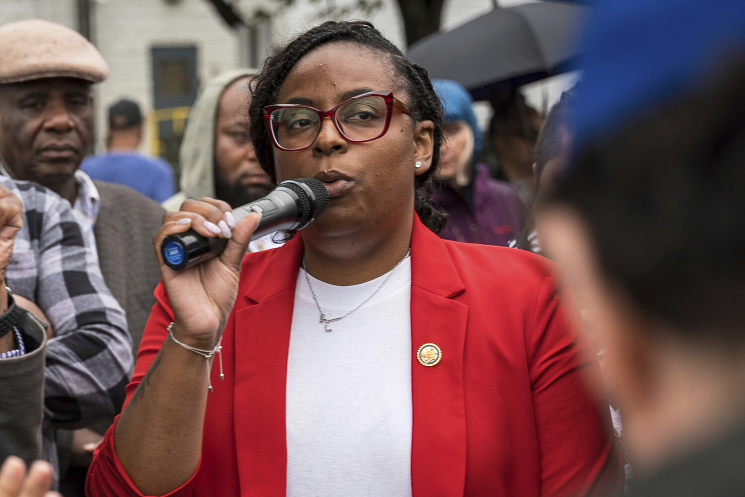FILE - Rep. LaMonica McIver, D-N.J., demands the release of Newark Mayor Ras Baraka after his arres...
