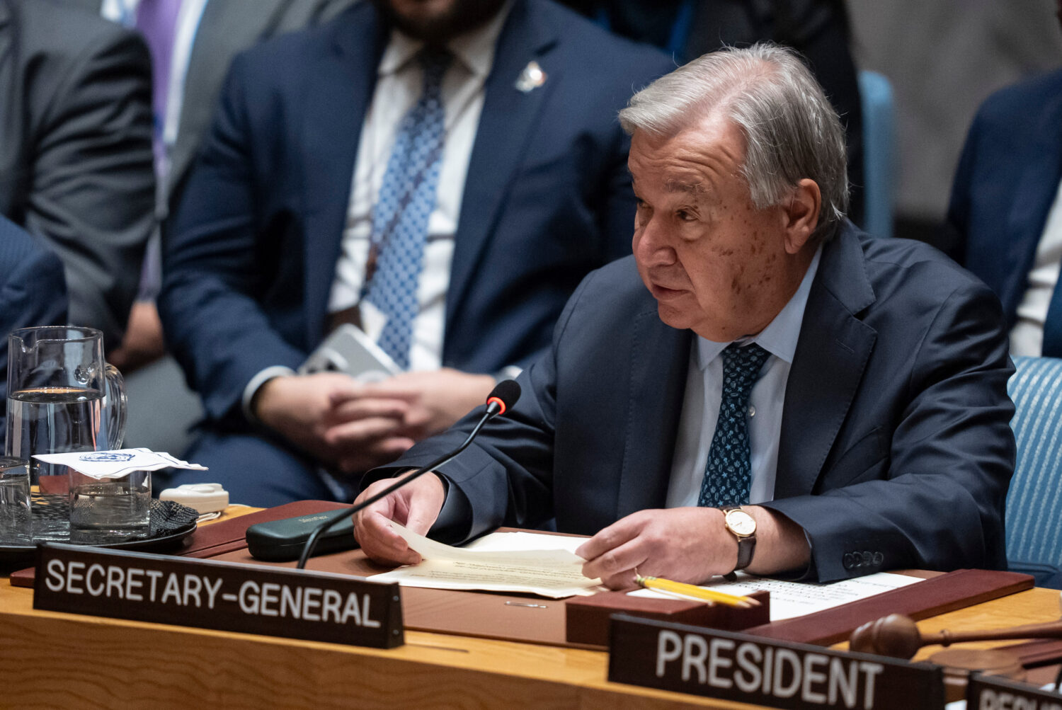 United Nations Secretary-General Antonio Guterres speaks during a Security Council meeting at the U...