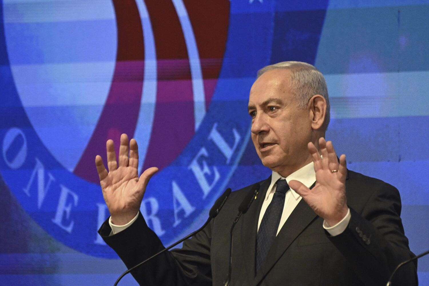 Israeli Prime Minister Benjamin Netanyahu speaks at the opening event of the bipartisan delegation ...