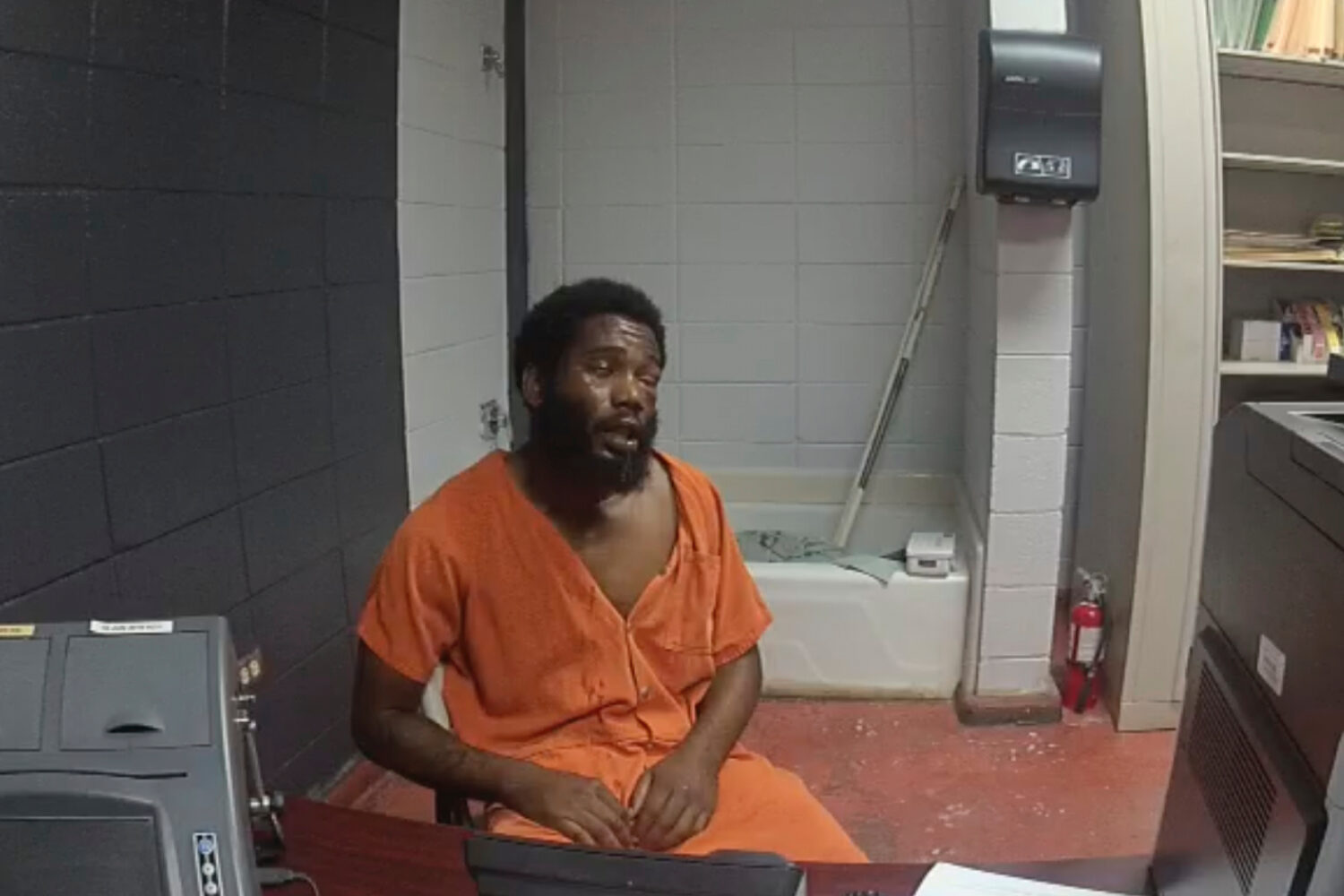 In this image from body camera video from the DeSoto Parish Sheriff's Office, Jarius Brown is inter...