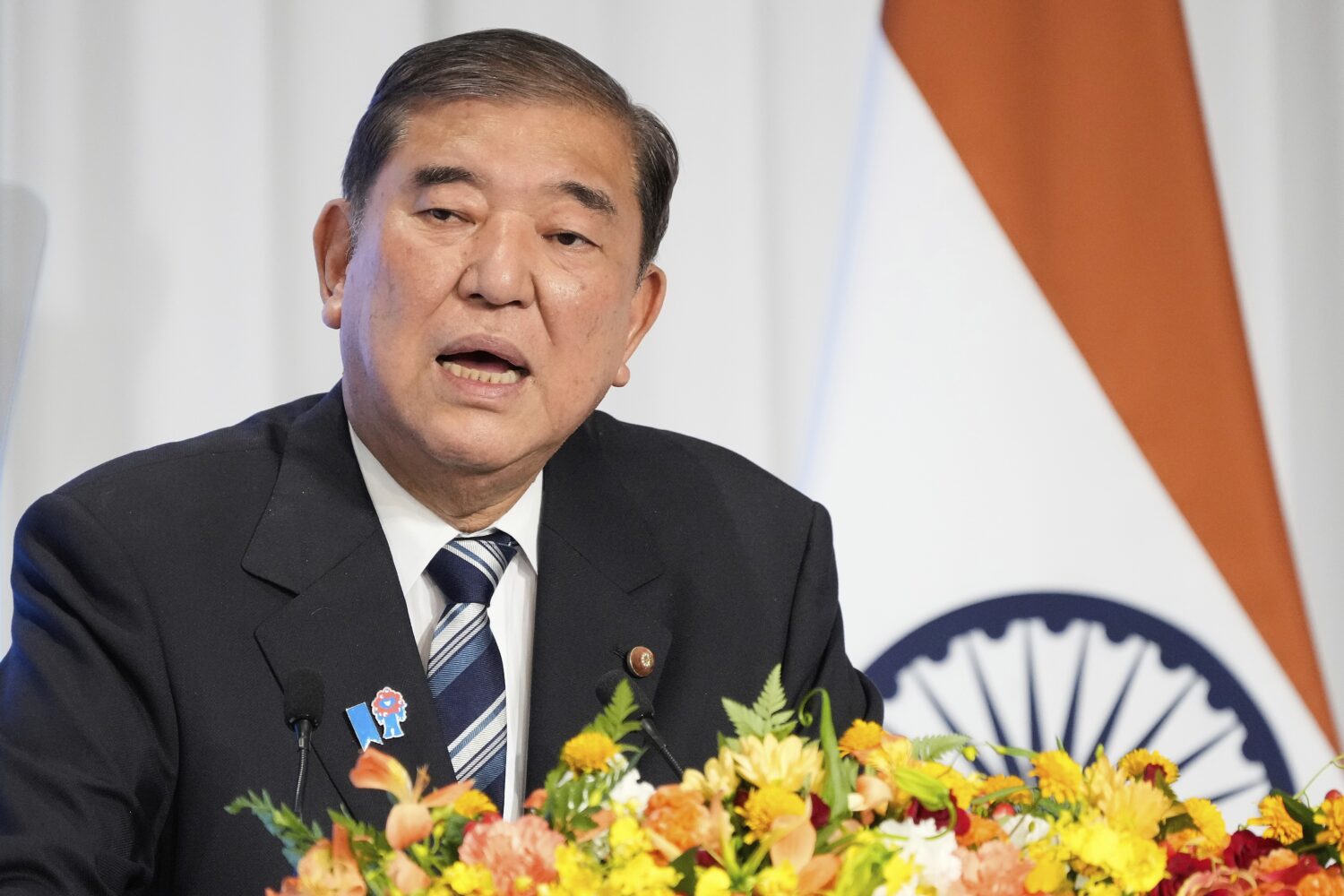 Japanese Prime Minister Shigeru Ishiba delivers a speech during the Japan India Economic Forum in T...
