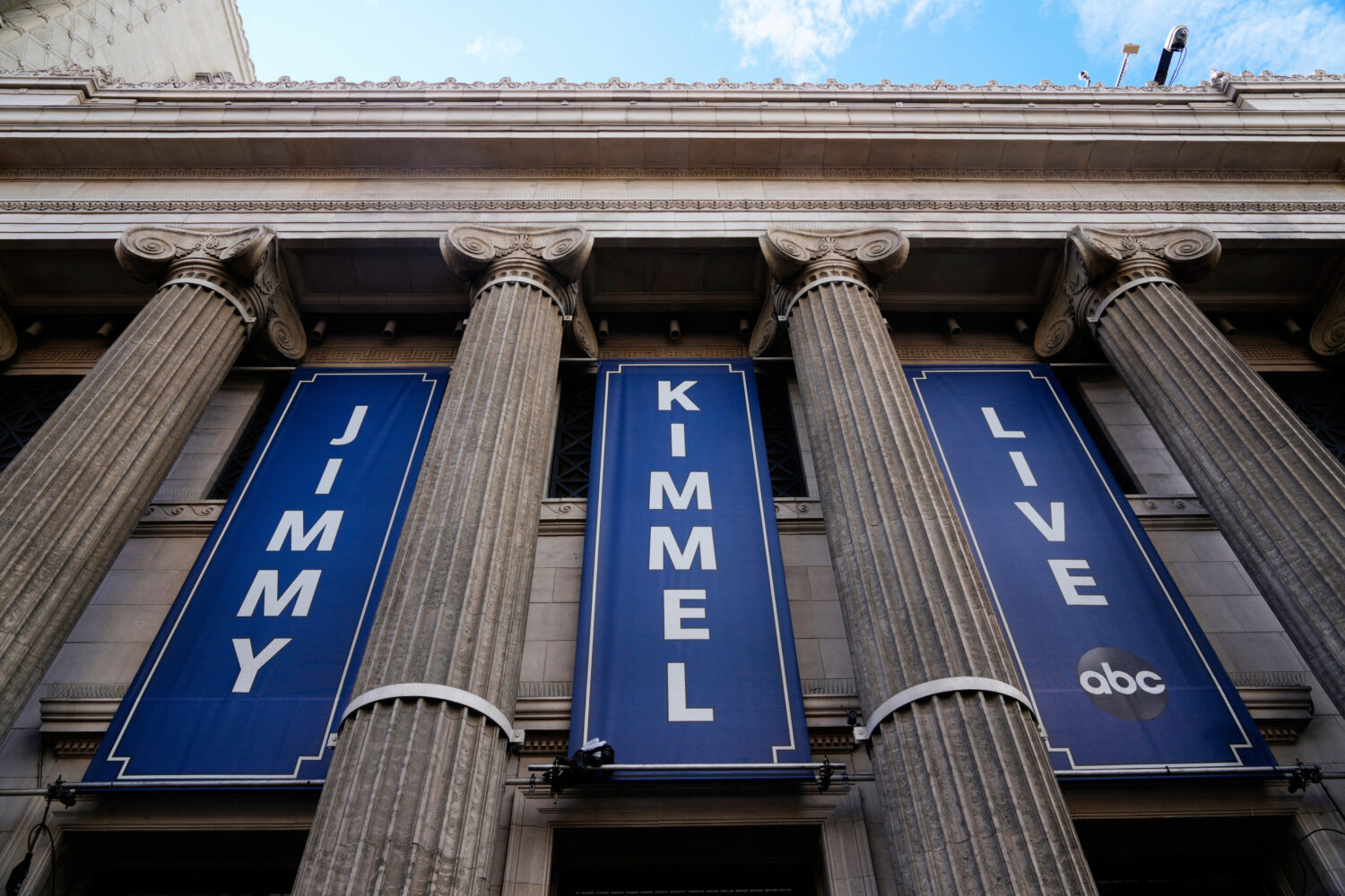 Banners are placed outside the El Capitan Entertainment Centre, where Jimmy Kimmel Live! is filmed,...