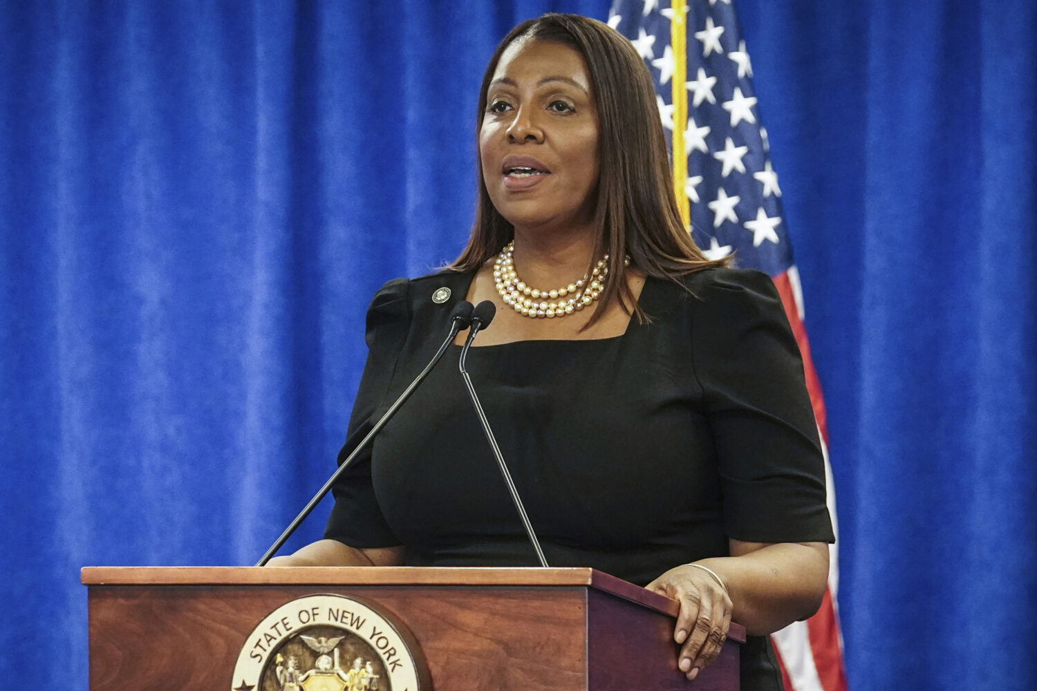 FILE - New York Attorney General Letitia James speaks, Feb. 16, 2024, in New York. (AP Photo/Bebeto...