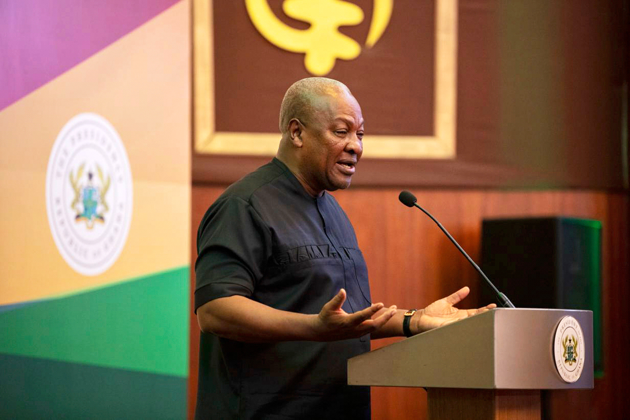FILE - Ghana's President John Mahama speaks to the media at the Jubilee House in Accra, Ghana, Sept...