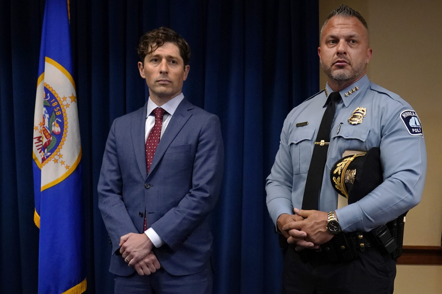 FILE - Minneapolis Mayor Jacob Frey, left, and Police Chief Brian O'Hara stand during a news confer...