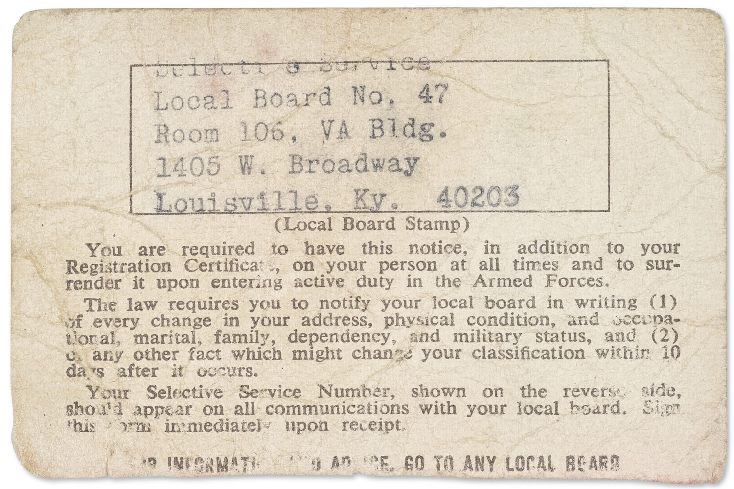 This image provided by Christie’s Auction House shows Muhammad Ali's draft card. (Christie’s Au...